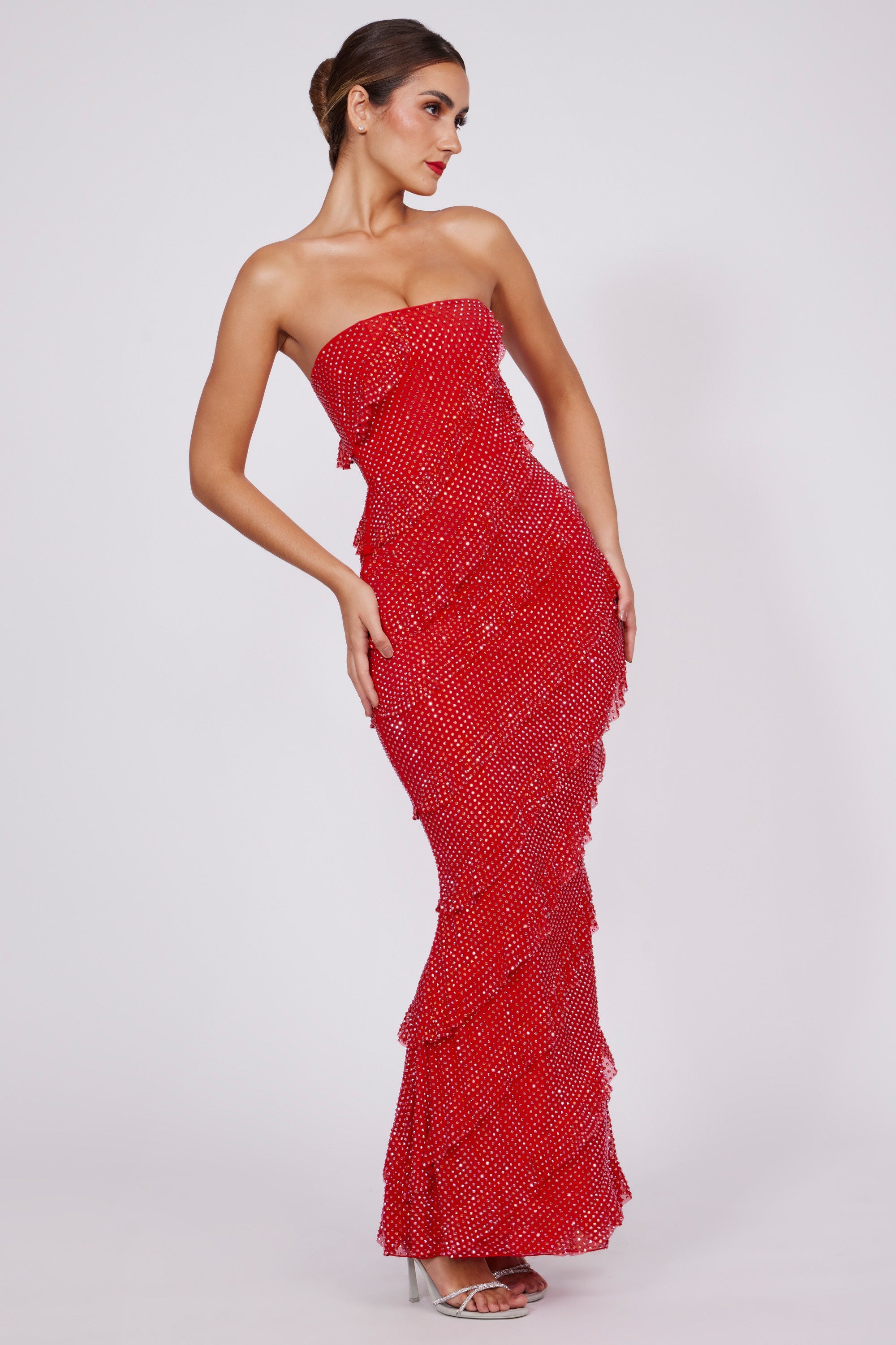 Embellished Bandeau Ruffle Maxi Dress in Fire Red