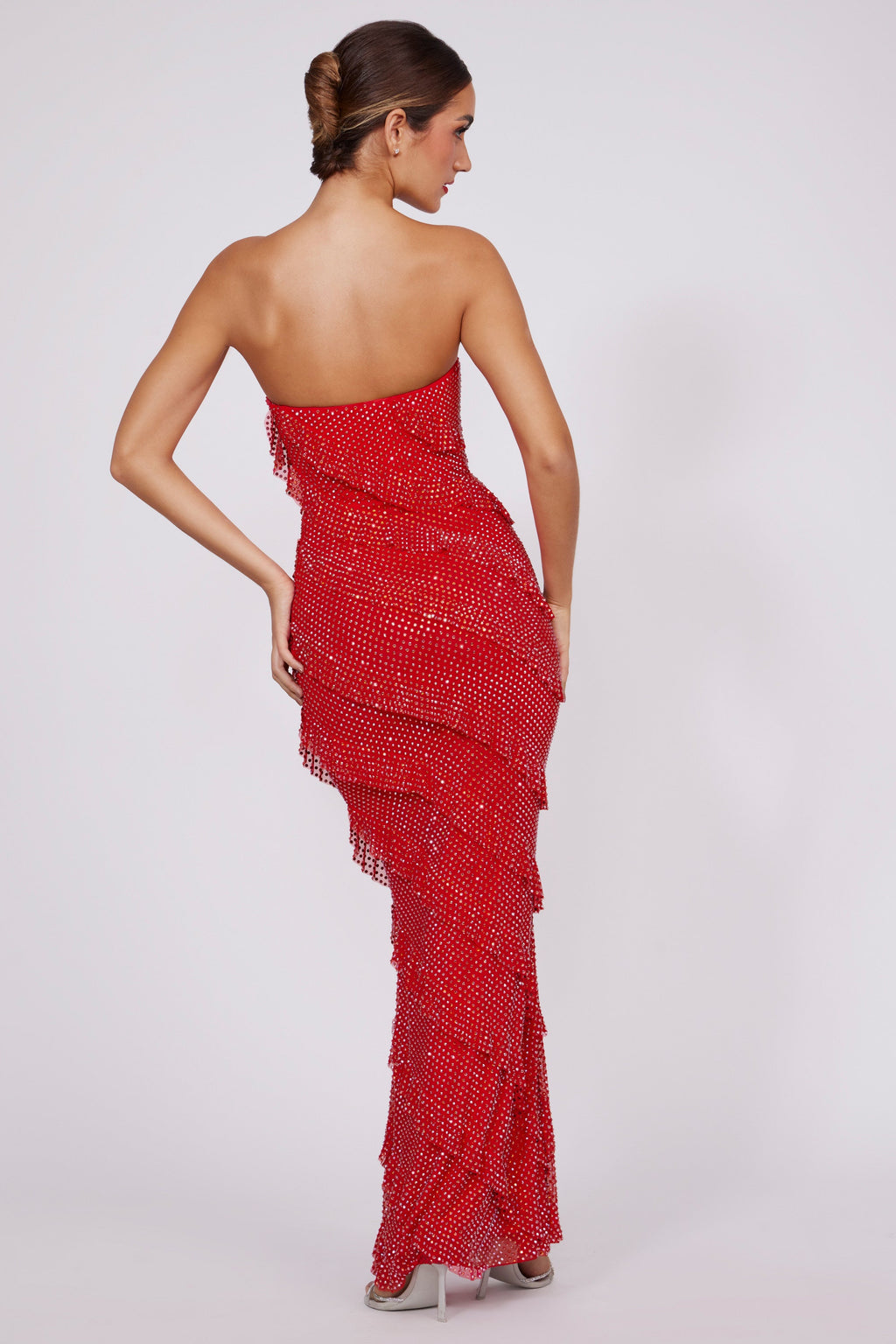 Embellished Bandeau Ruffle Maxi Dress in Fire Red