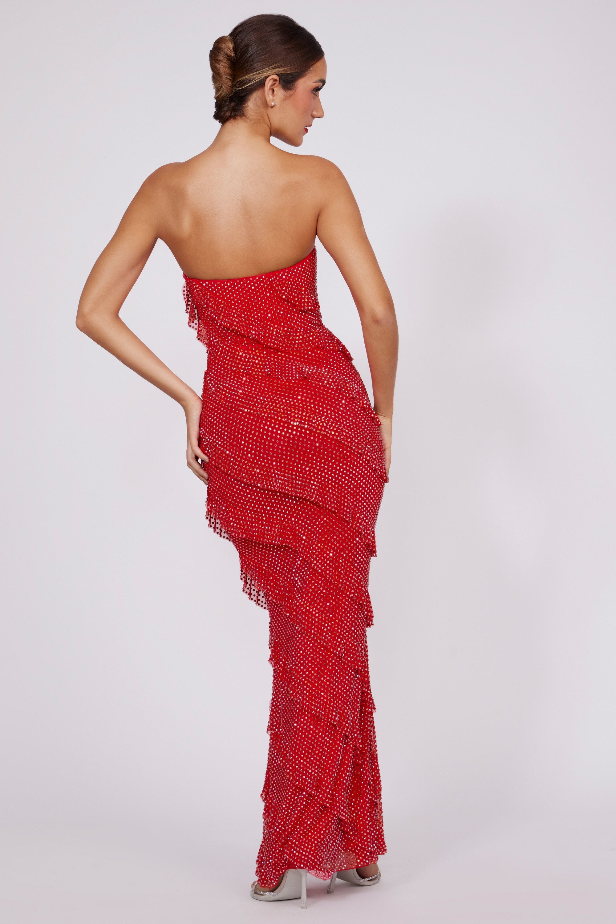 Embellished Bandeau Ruffle Maxi Dress in Fire Red
