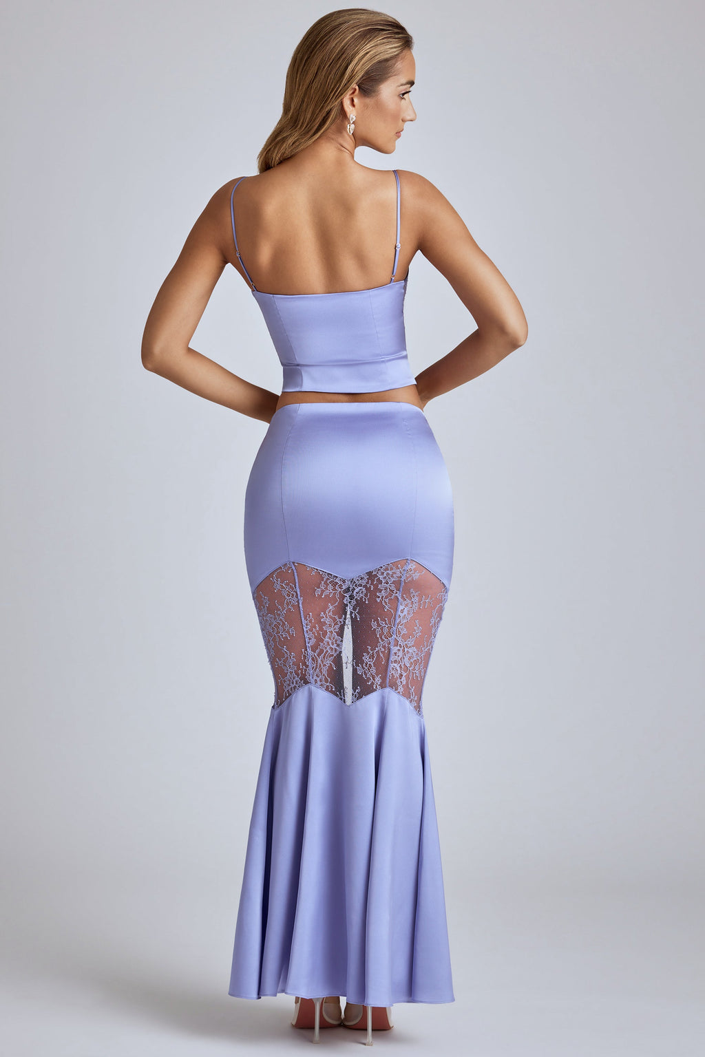 Lace Panel Fishtail Maxi Skirt in Blue Lavender