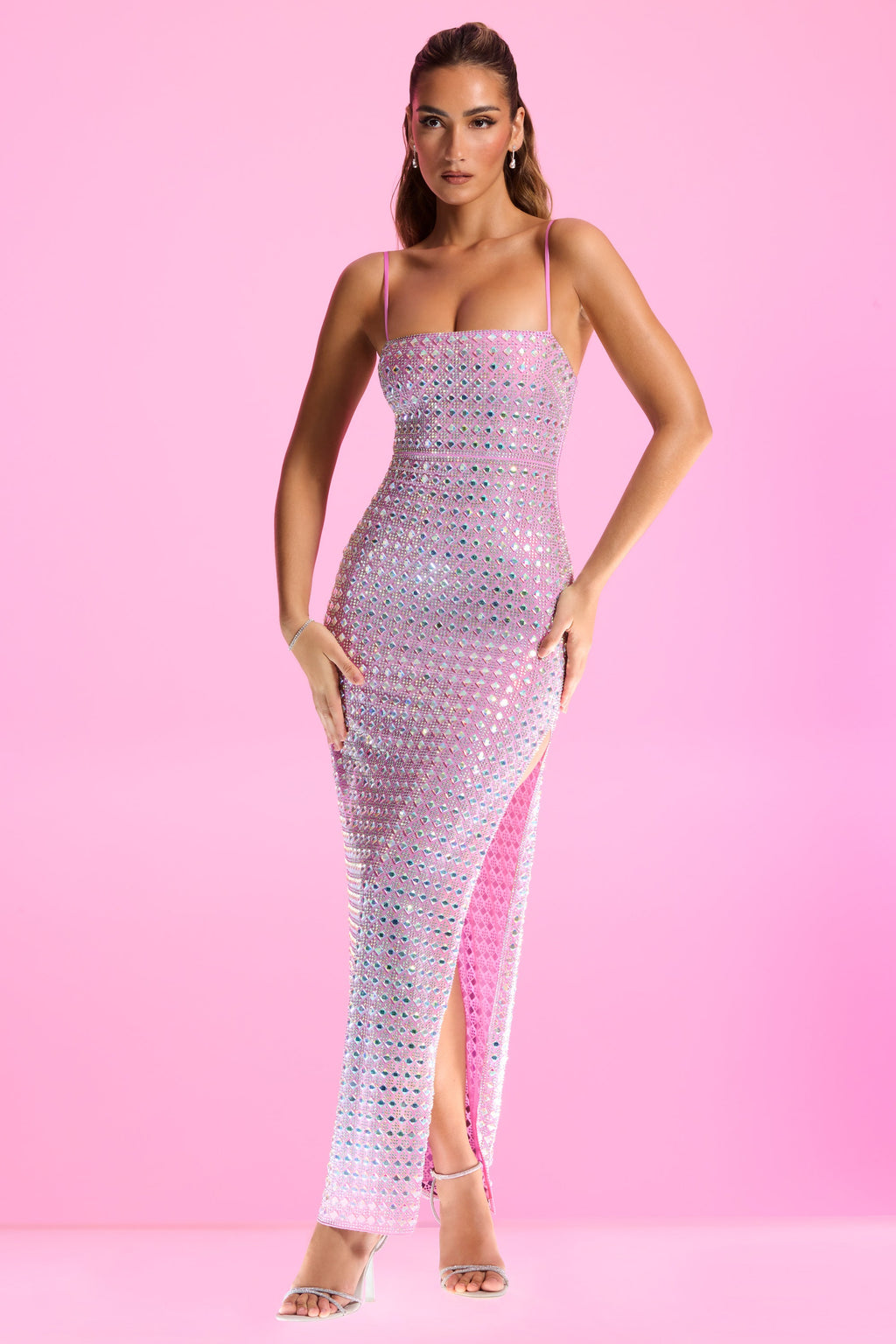 Embellished Square Neck Thigh Split Gown in Lilac