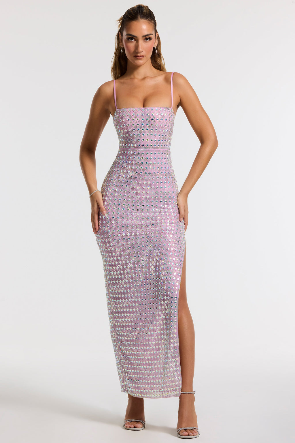 Embellished Square Neck Thigh Split Gown in Lilac