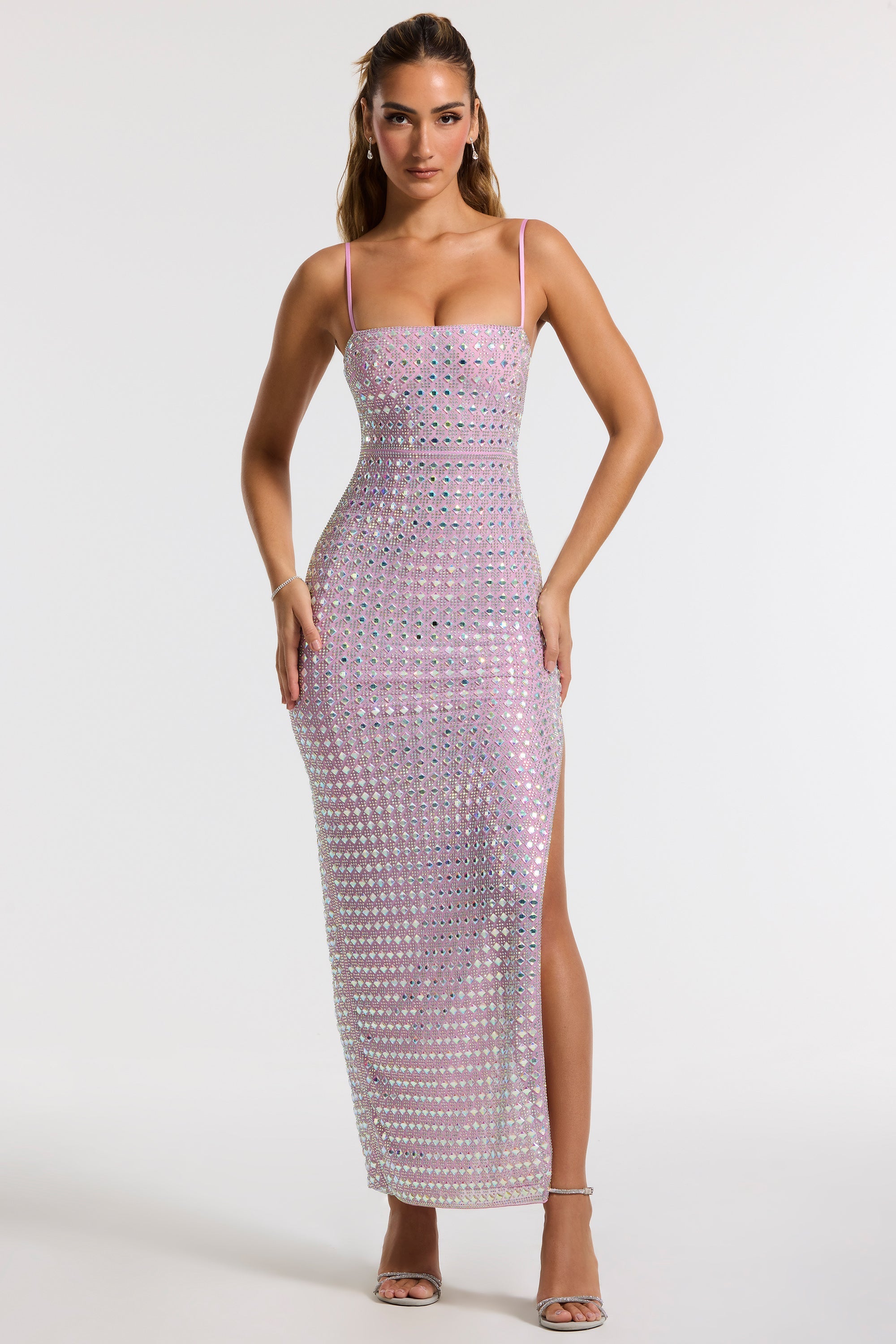 Embellished Square Neck Thigh Split Gown in Lilac