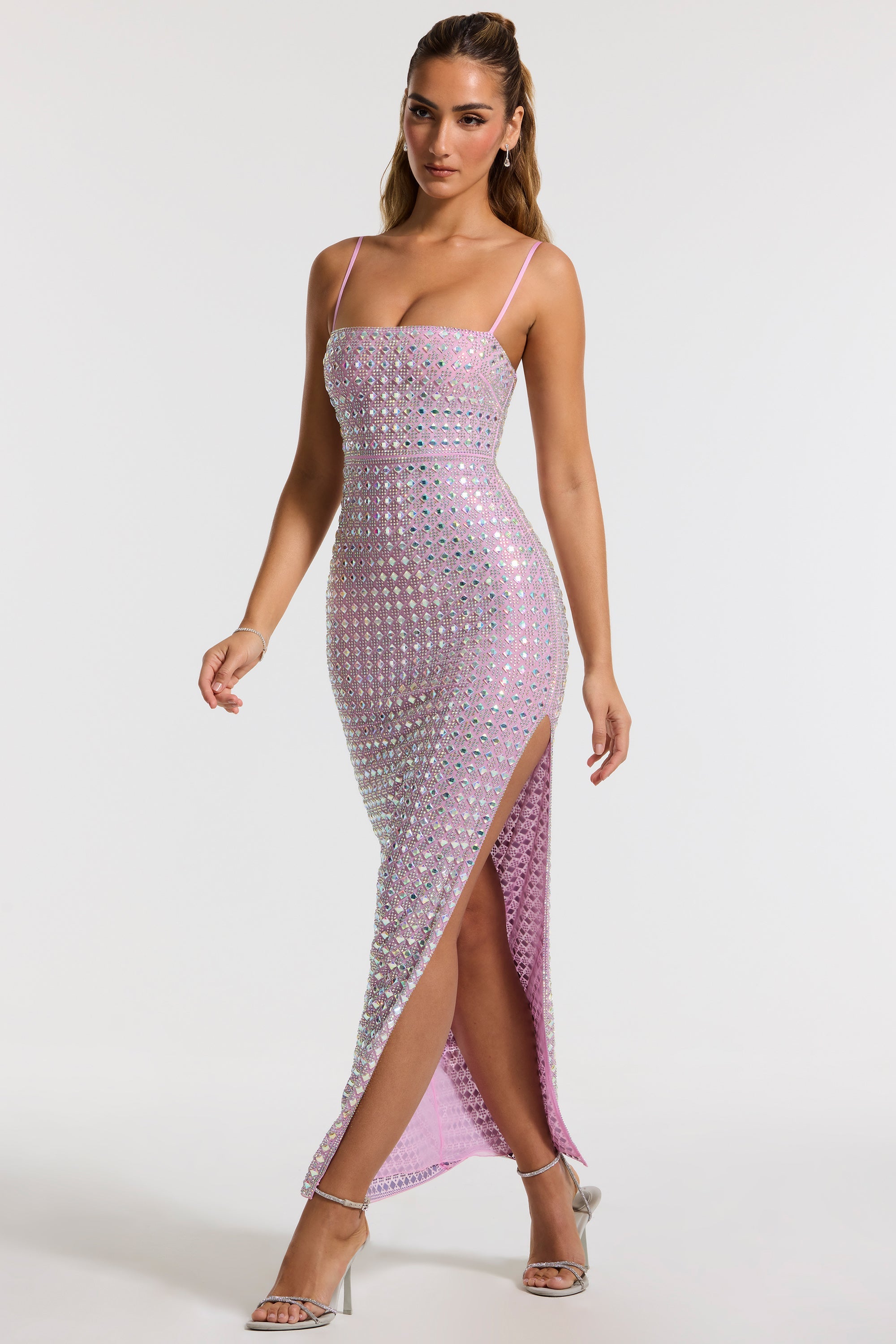 Embellished Square Neck Thigh Split Gown in Lilac