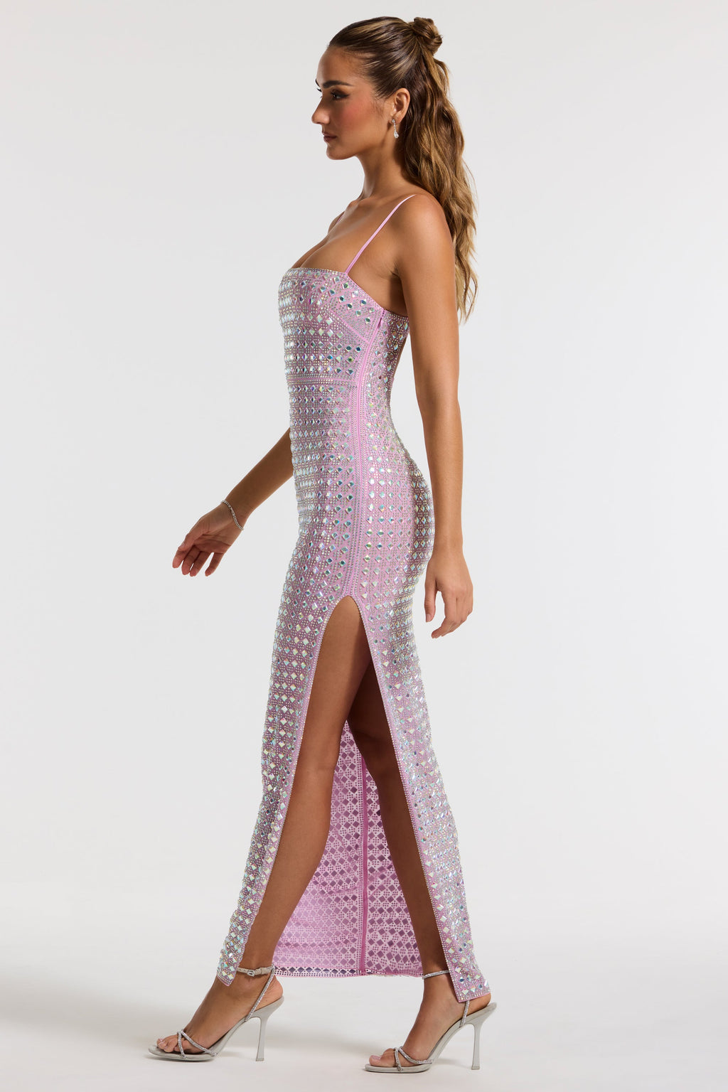 Embellished Square Neck Thigh Split Gown in Lilac