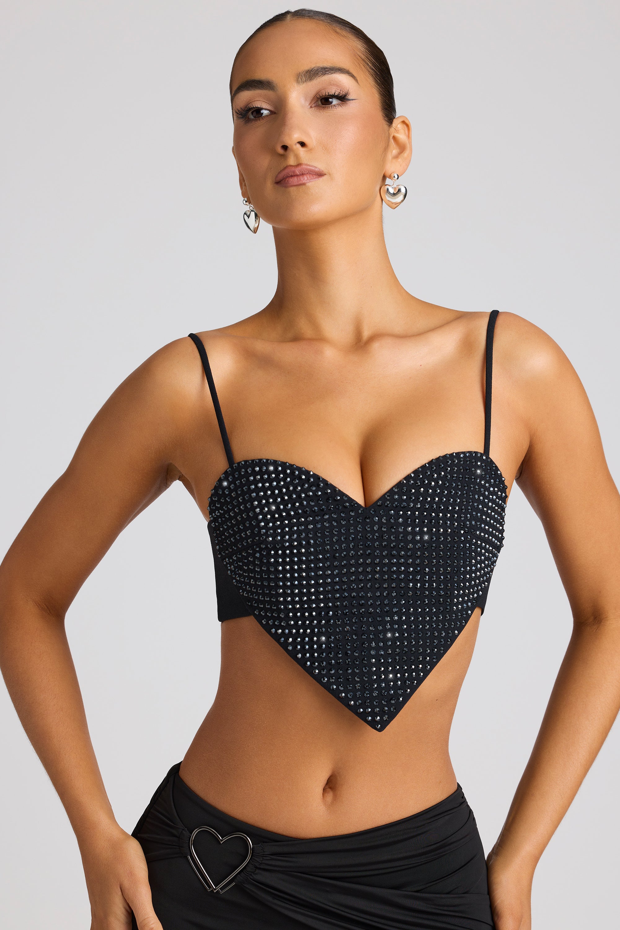 Embellished Statement Heart Shaped Crop Top in Black