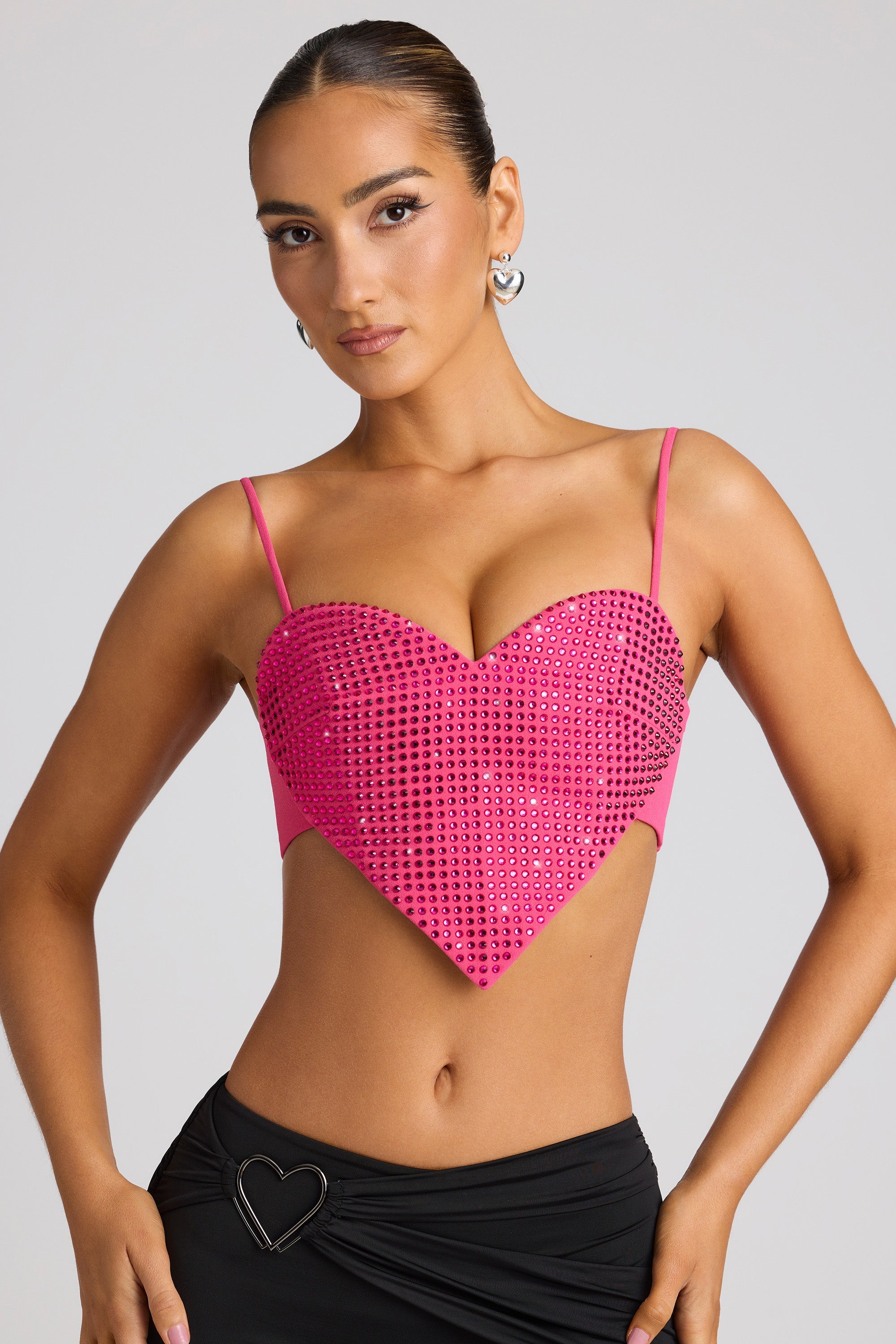 Embellished Statement Heart Shaped Crop Top in Magenta