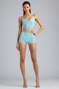 Embellished Mid-Rise Hot Pant Shorts in Ice Blue