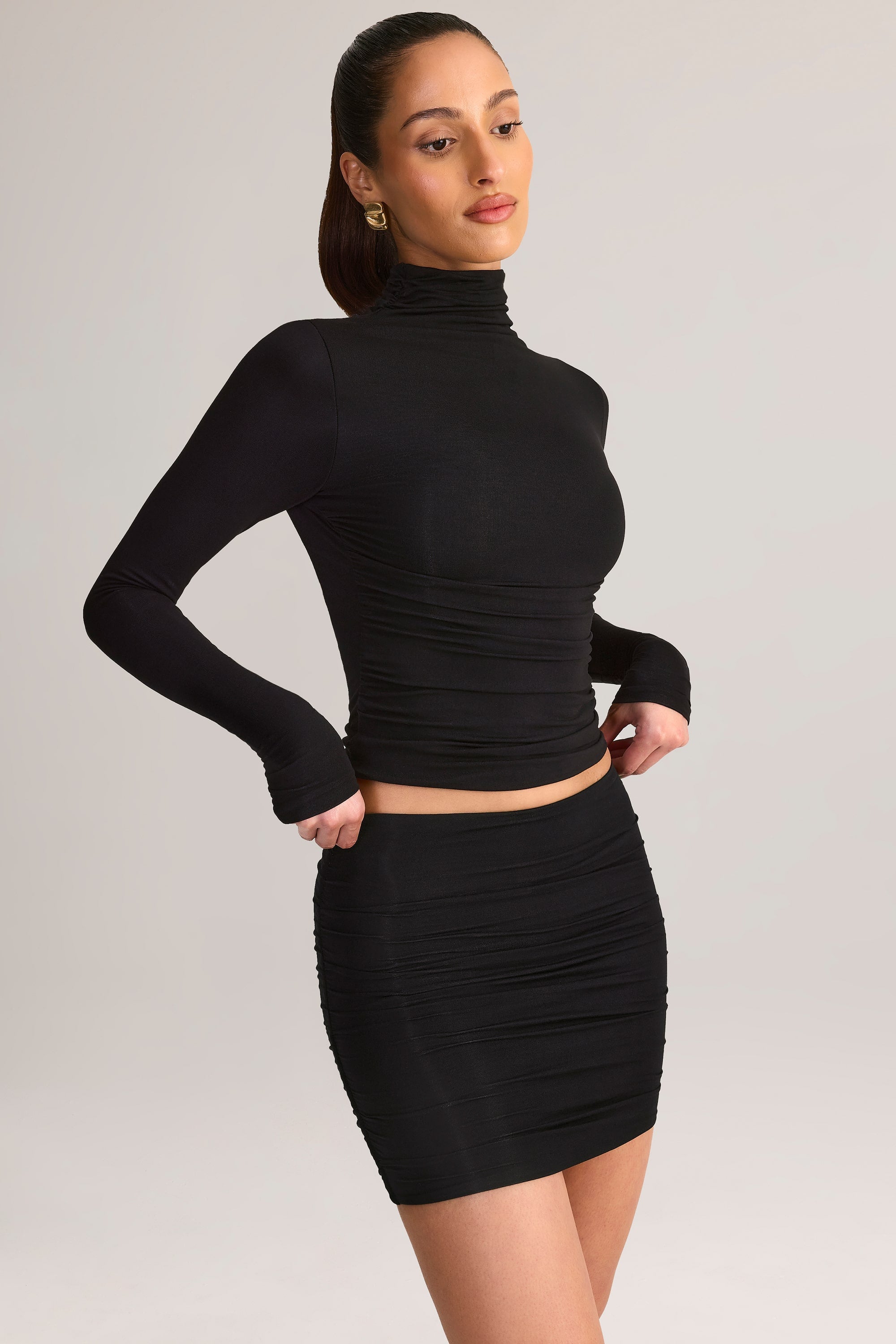 Modal Ruched Mid-Rise Mini Skirt in Black