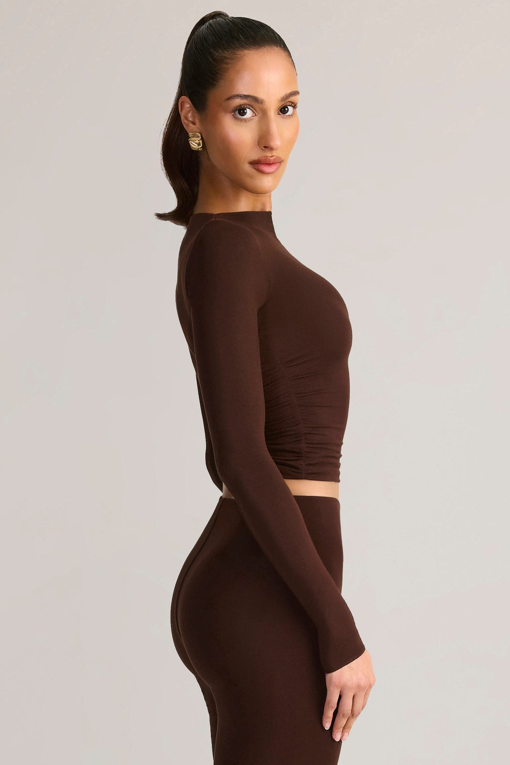 Modal Ruched Long-Sleeve Top in Chocolate Brown