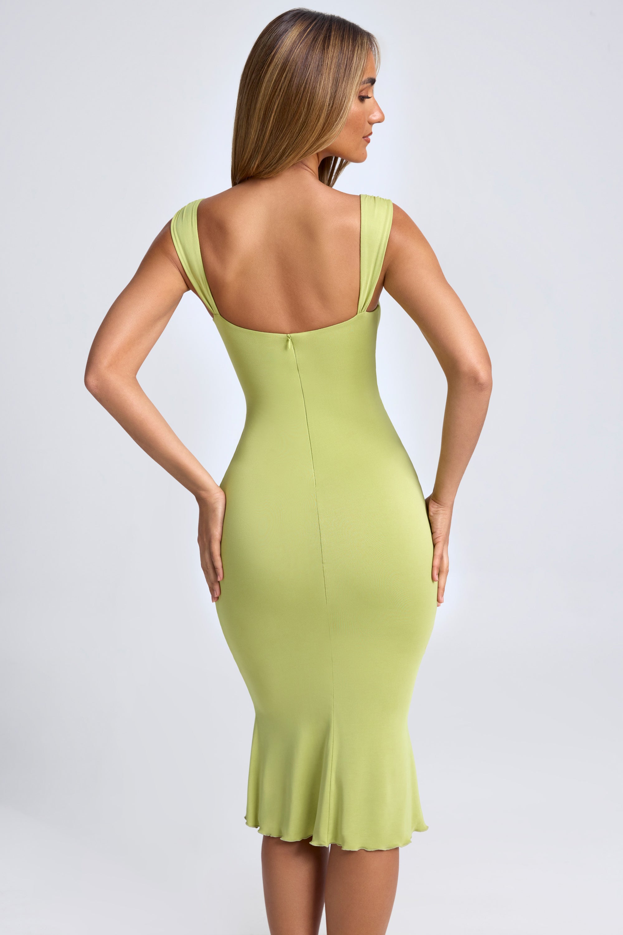 Modal Ruched Hardware Detail Cut-Out Midaxi Dress in Olive Green