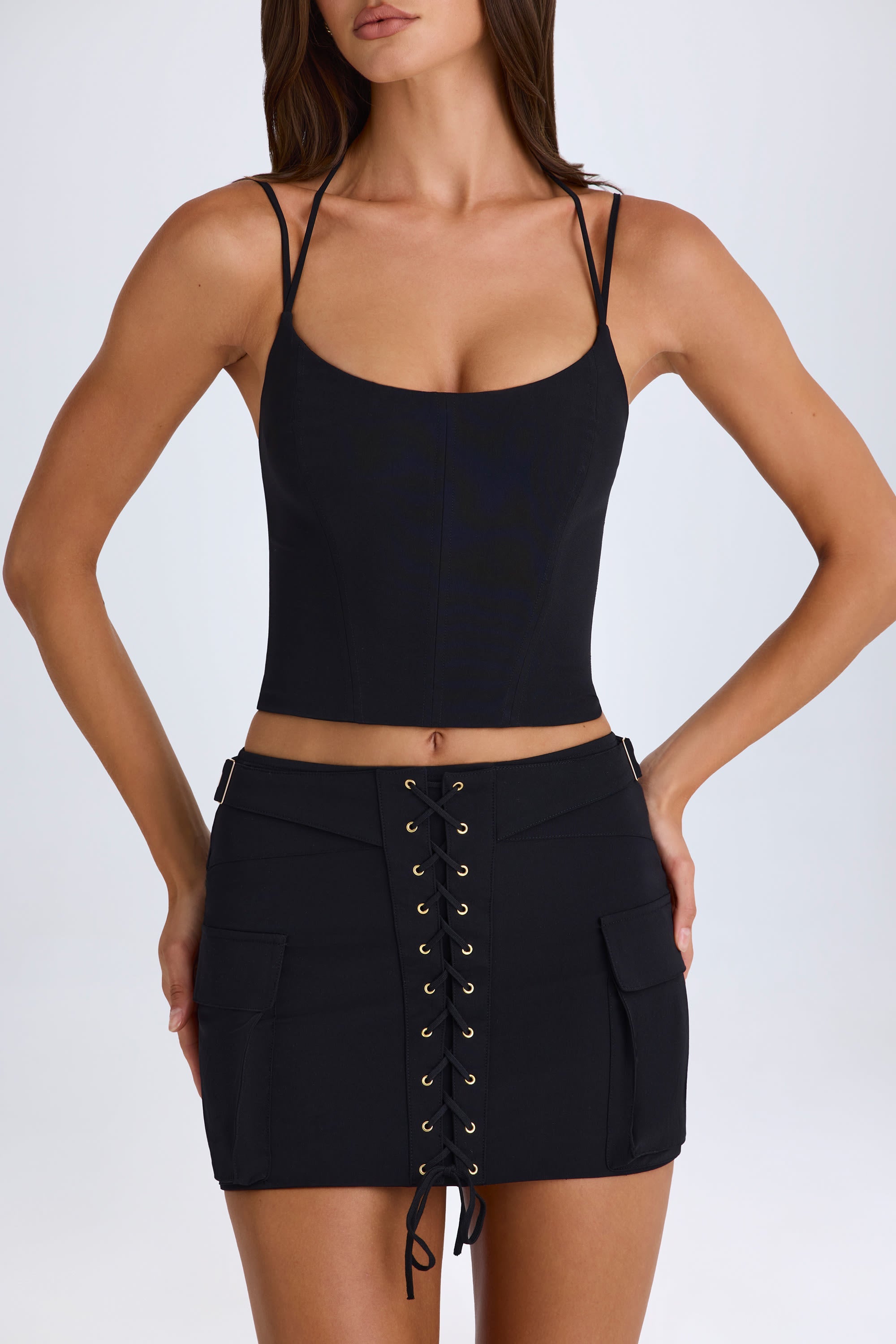 Lace-Up Cargo Micro Mini Skirt in Black