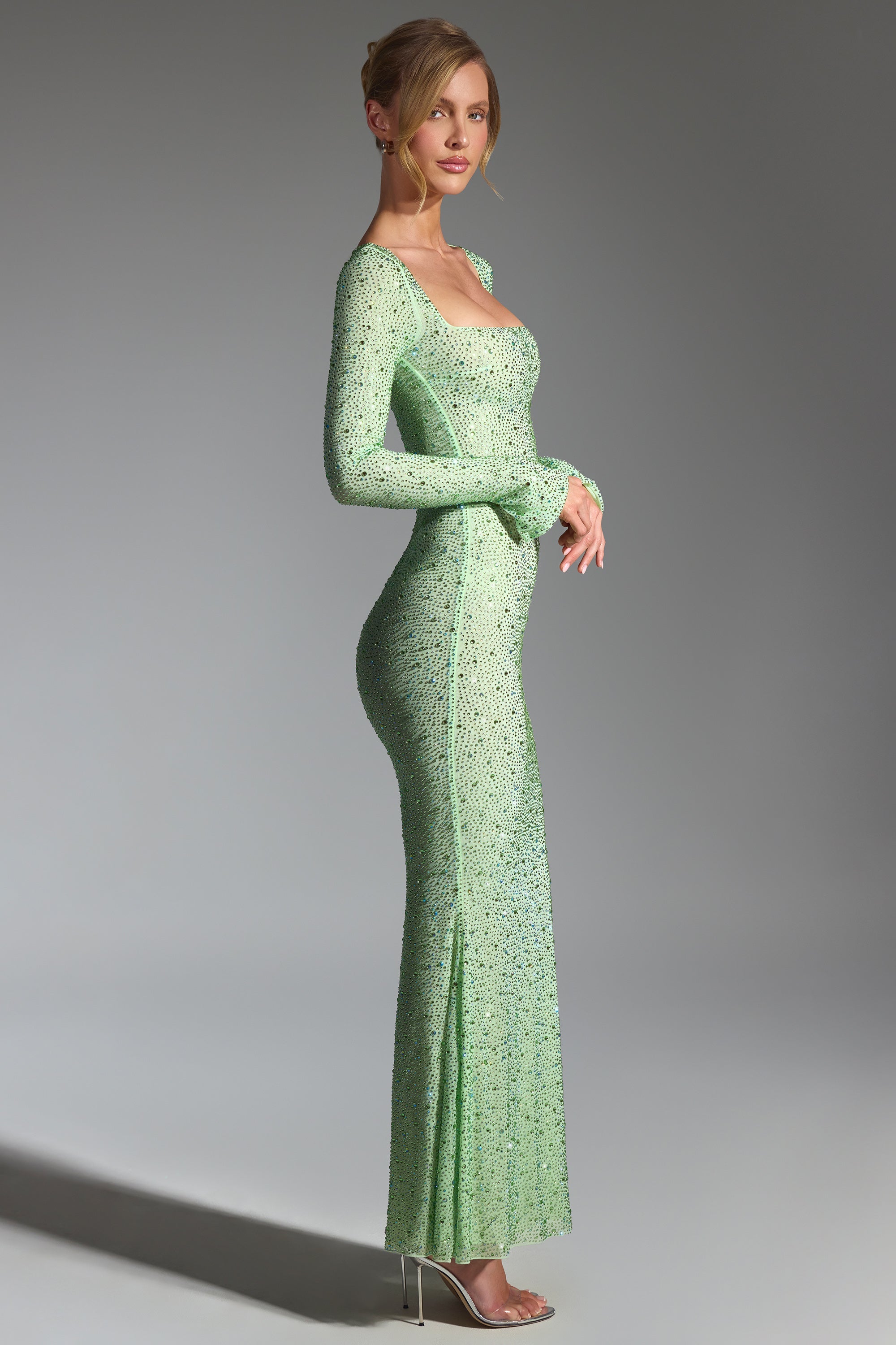 Embellished Long-Sleeve Fishtail Maxi Dress in Pistachio