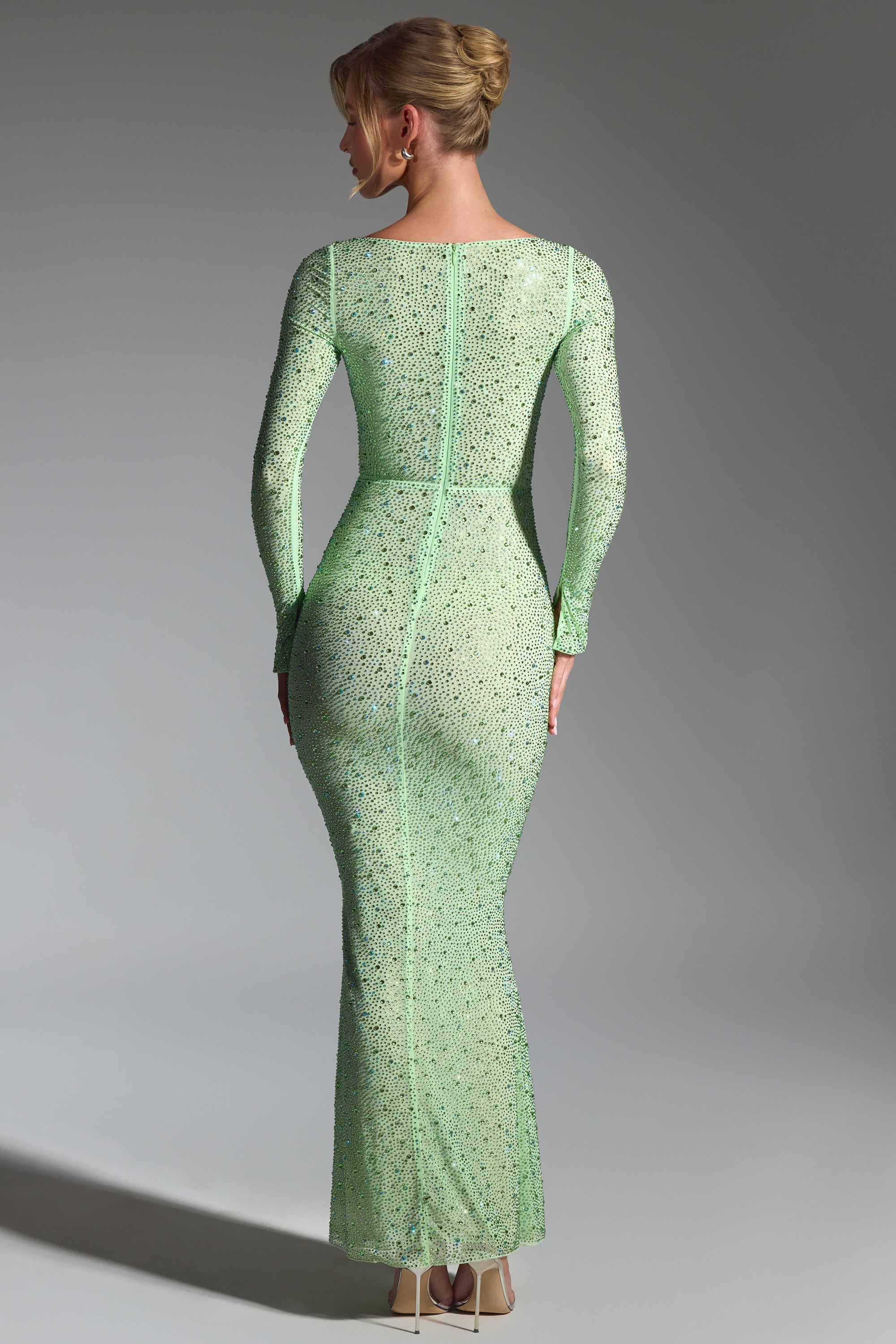 Embellished Long-Sleeve Fishtail Maxi Dress in Pistachio