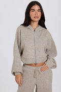 Soft Knit Zip-Up Cropped Hoodie in Beige