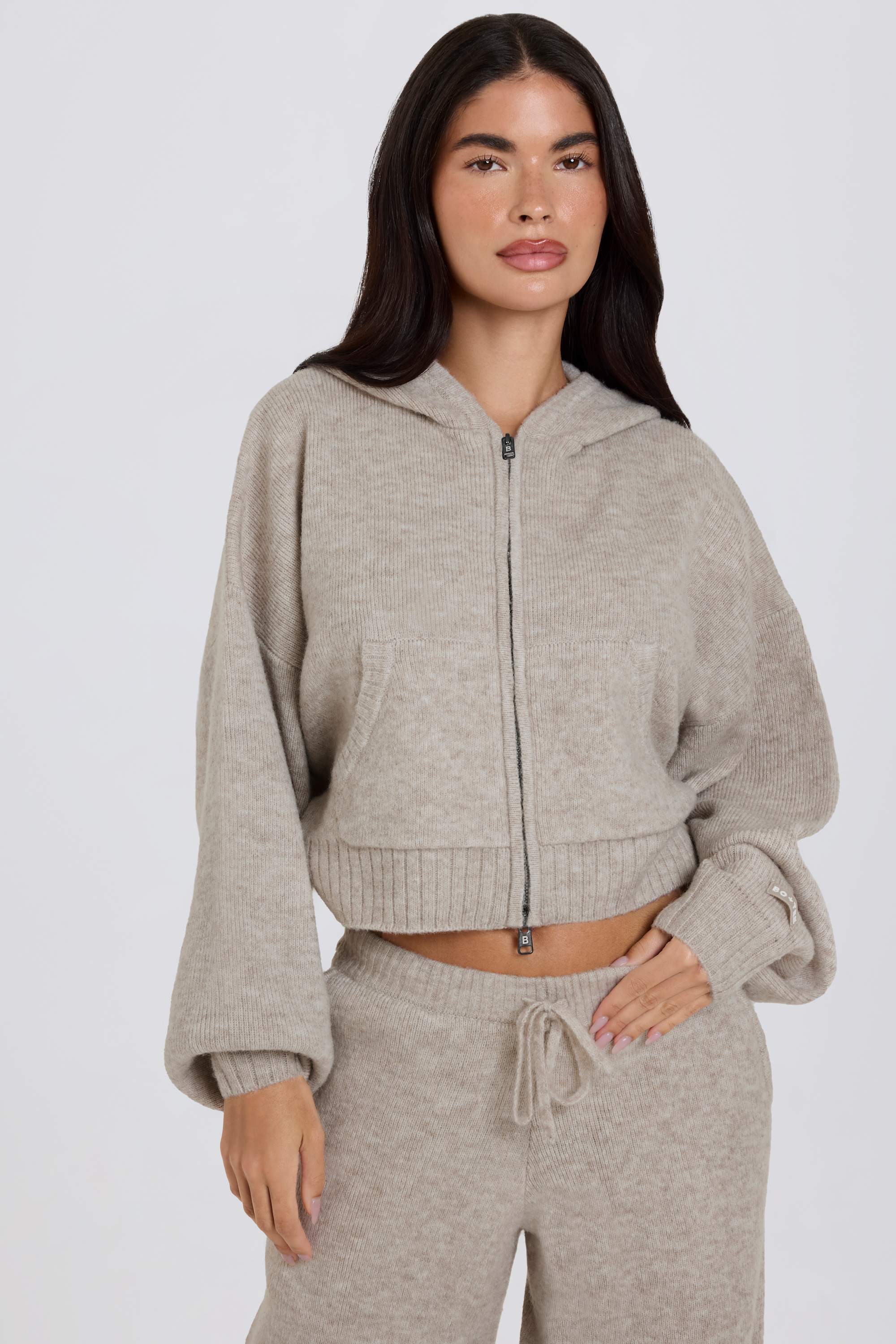 Soft Knit Zip-Up Cropped Hoodie in Beige