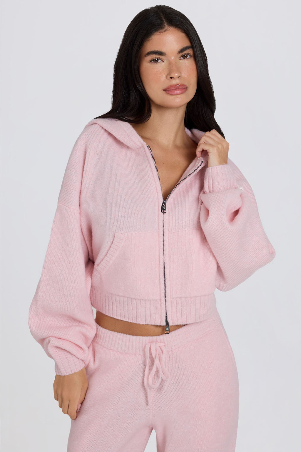 Soft Knit Zip-Up Cropped Hoodie in Soft Pink
