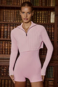 Ribbed Knit Quarter-Zip Cropped Jumper in Powder Pink