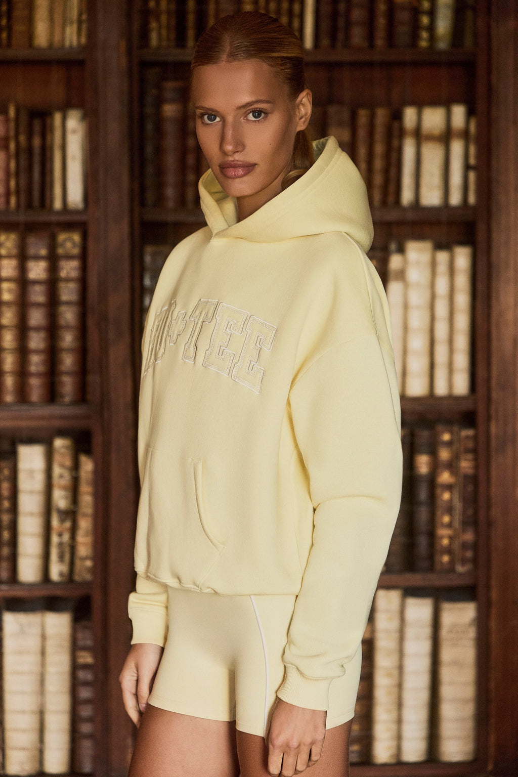 Embroidered Oversized Hoodie in Soft Yellow