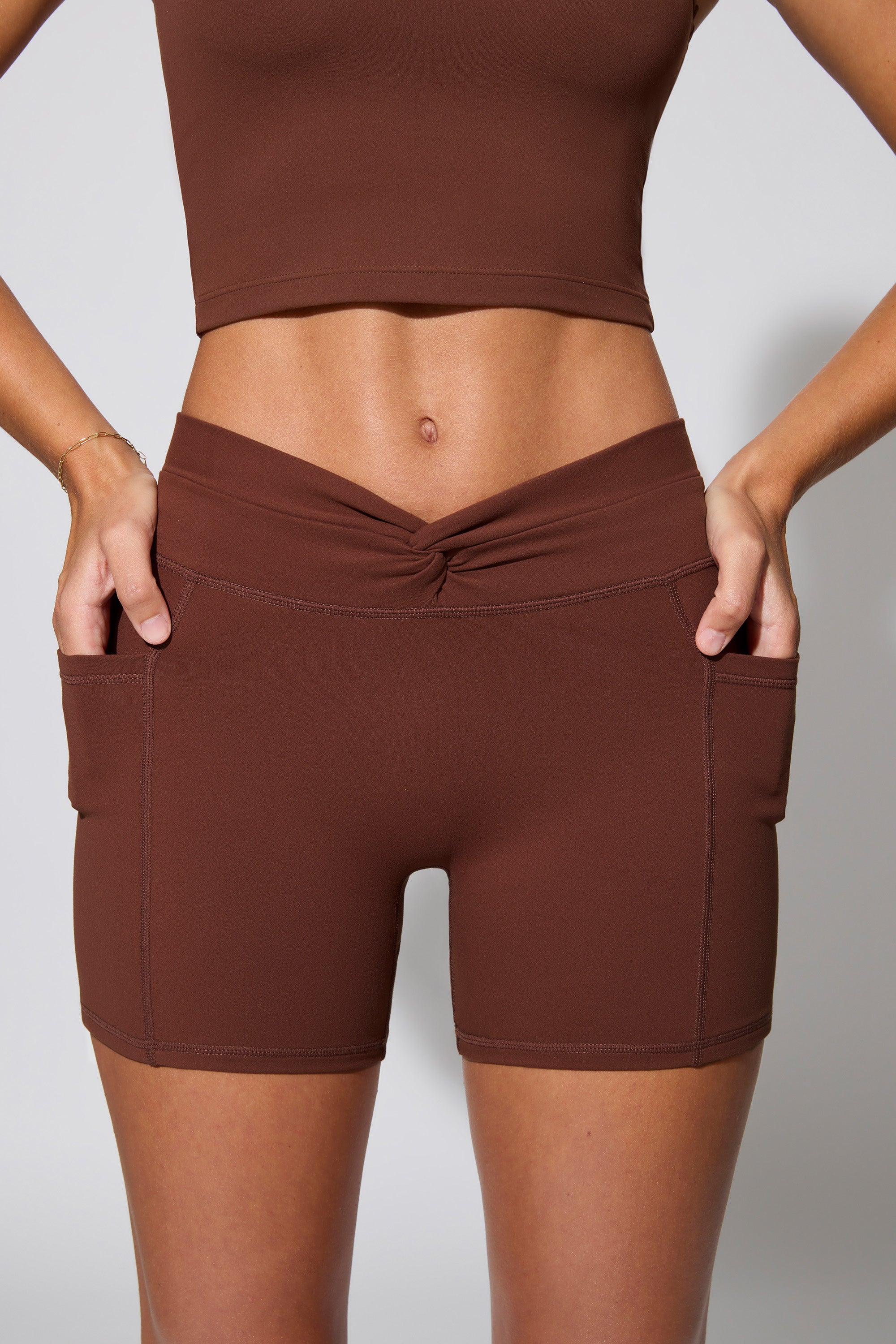 Twist Waist Mini Shorts with Pockets in Brown