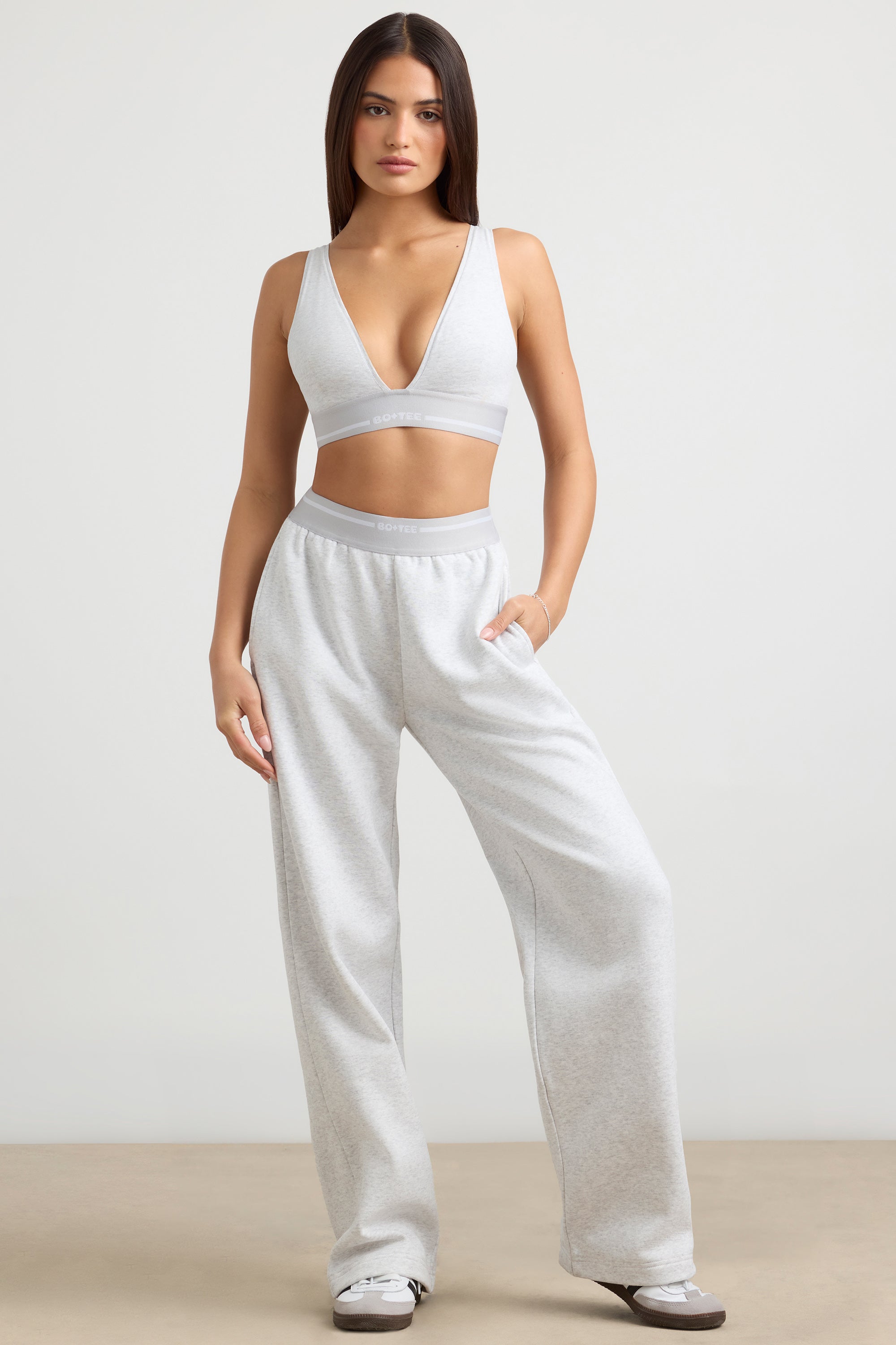 Heavyweight Stretch Cotton Fleece High-Waist Joggers in Grey Marl