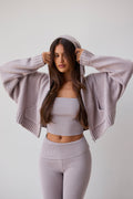 Chunky Knit Zip-Up Cropped Hoodie in Dusty Lavender