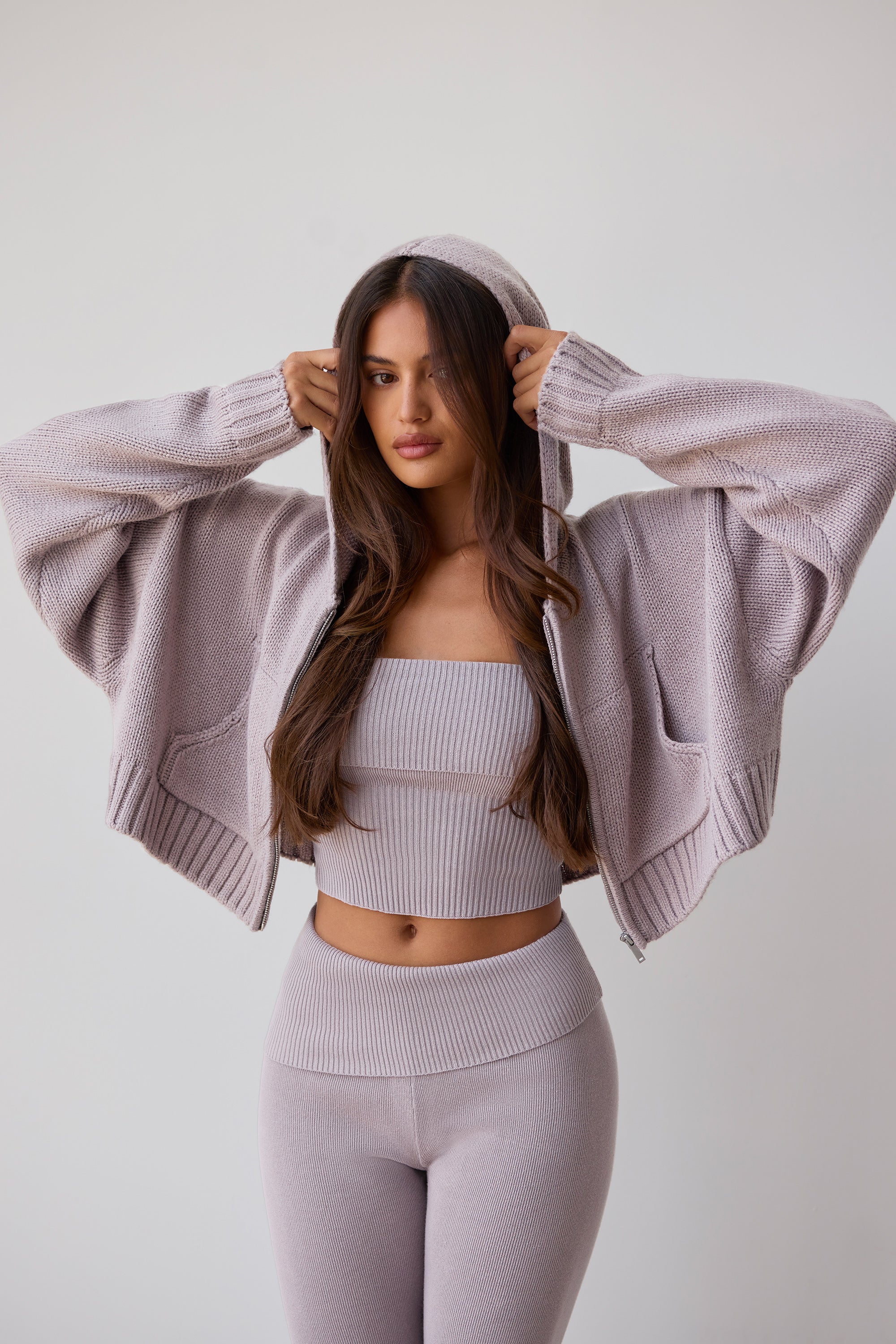 Chunky Knit Zip-Up Cropped Hoodie in Dusty Lavender