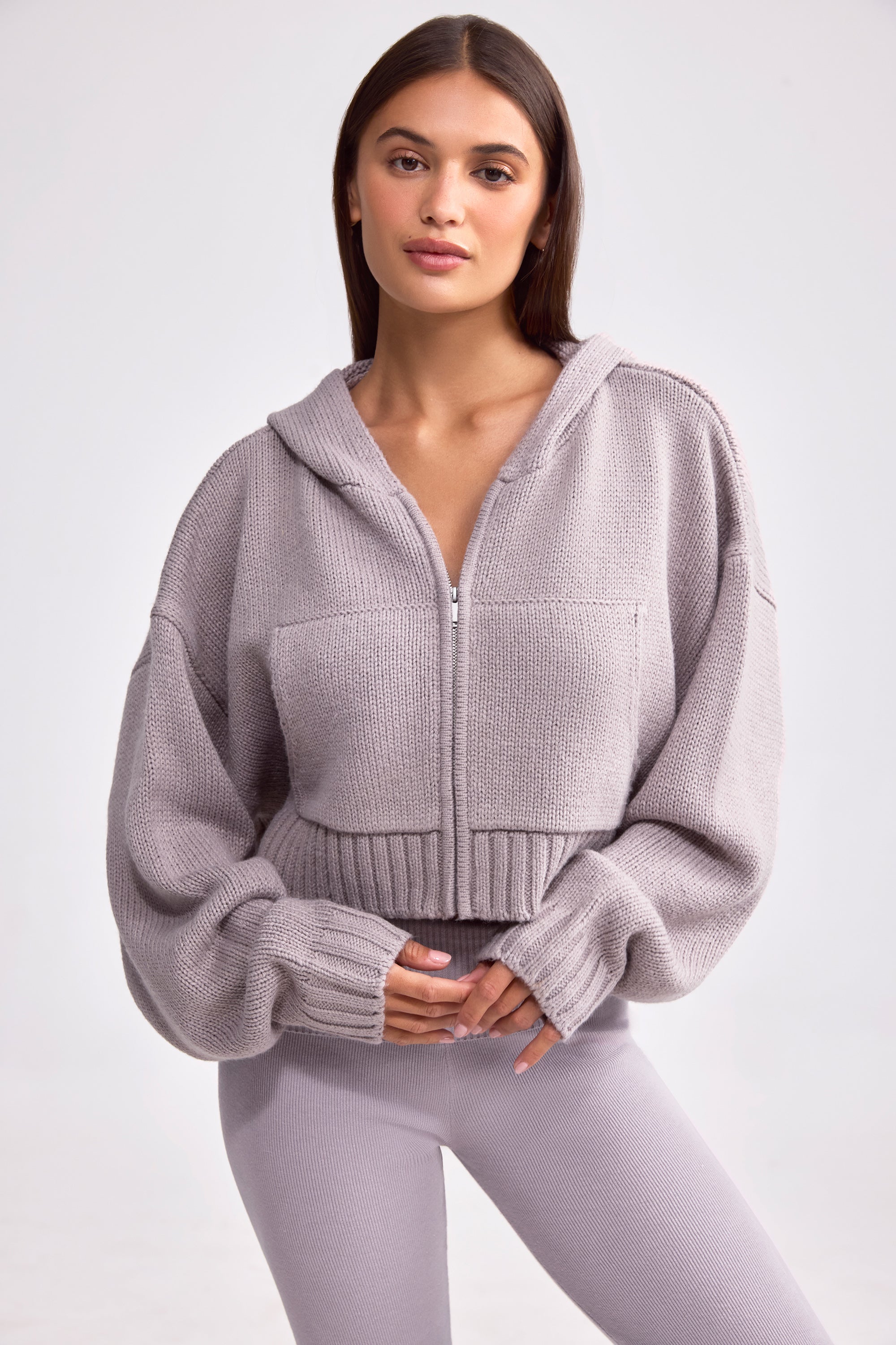Chunky Knit Zip-Up Cropped Hoodie in Dusty Lavender