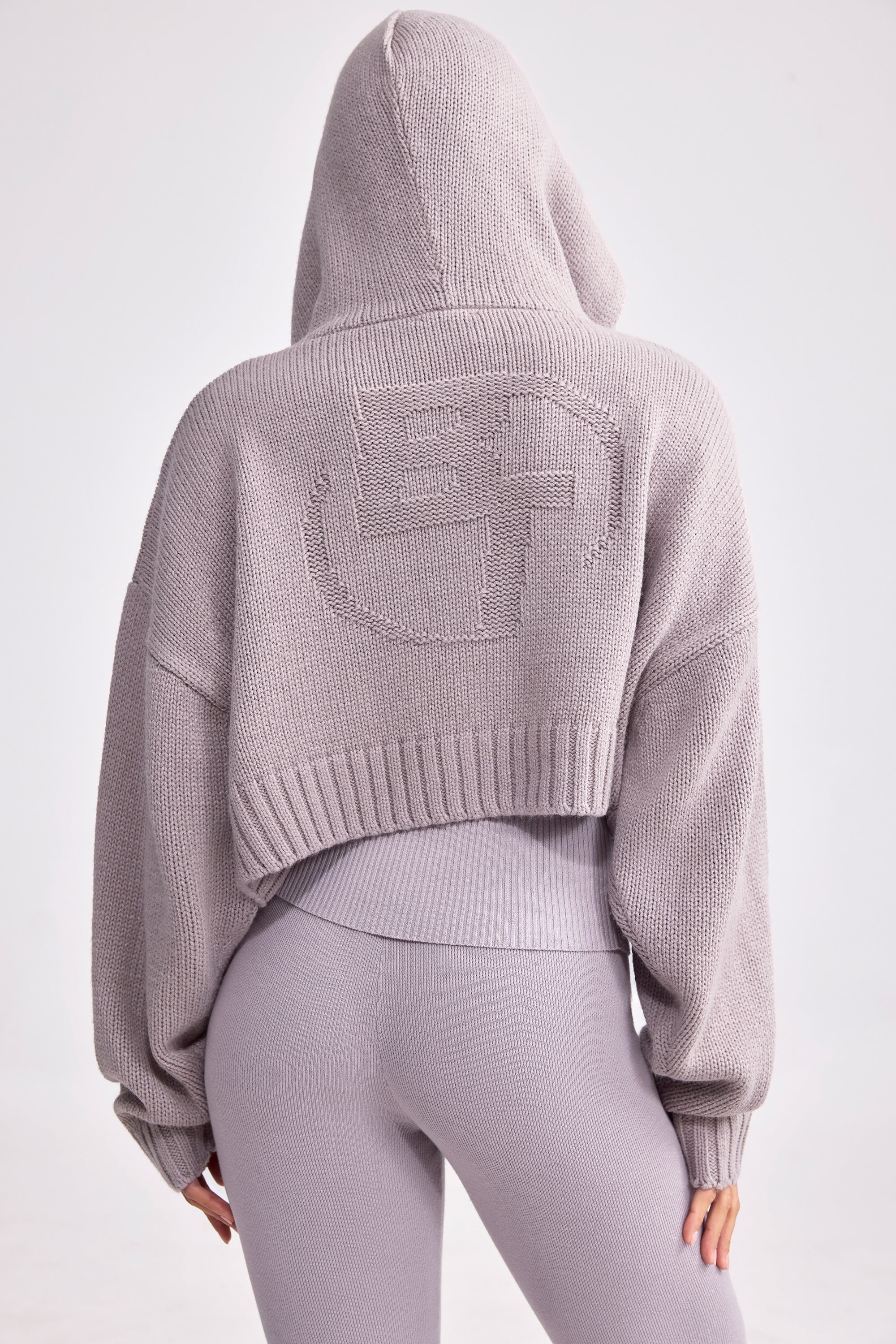 Chunky Knit Zip-Up Cropped Hoodie in Dusty Lavender