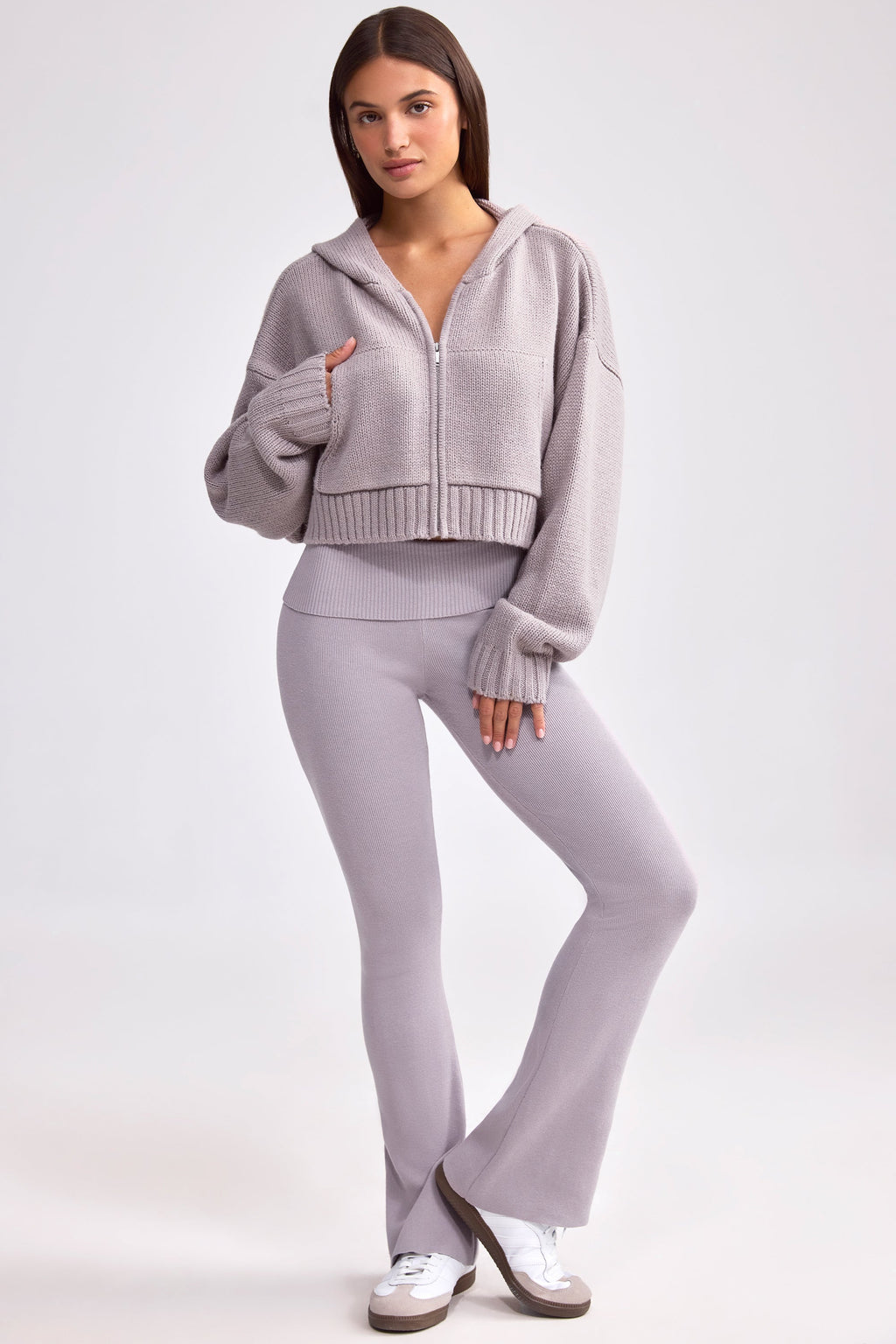Chunky Knit Zip-Up Cropped Hoodie in Dusty Lavender