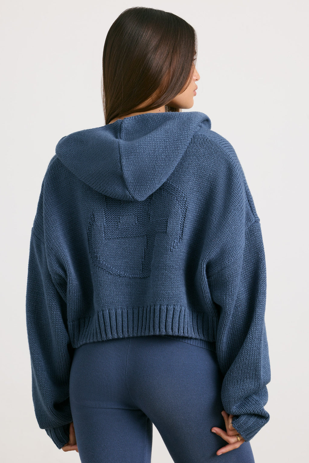 Chunky Knit Zip-Up Cropped Hoodie in Washed Navy