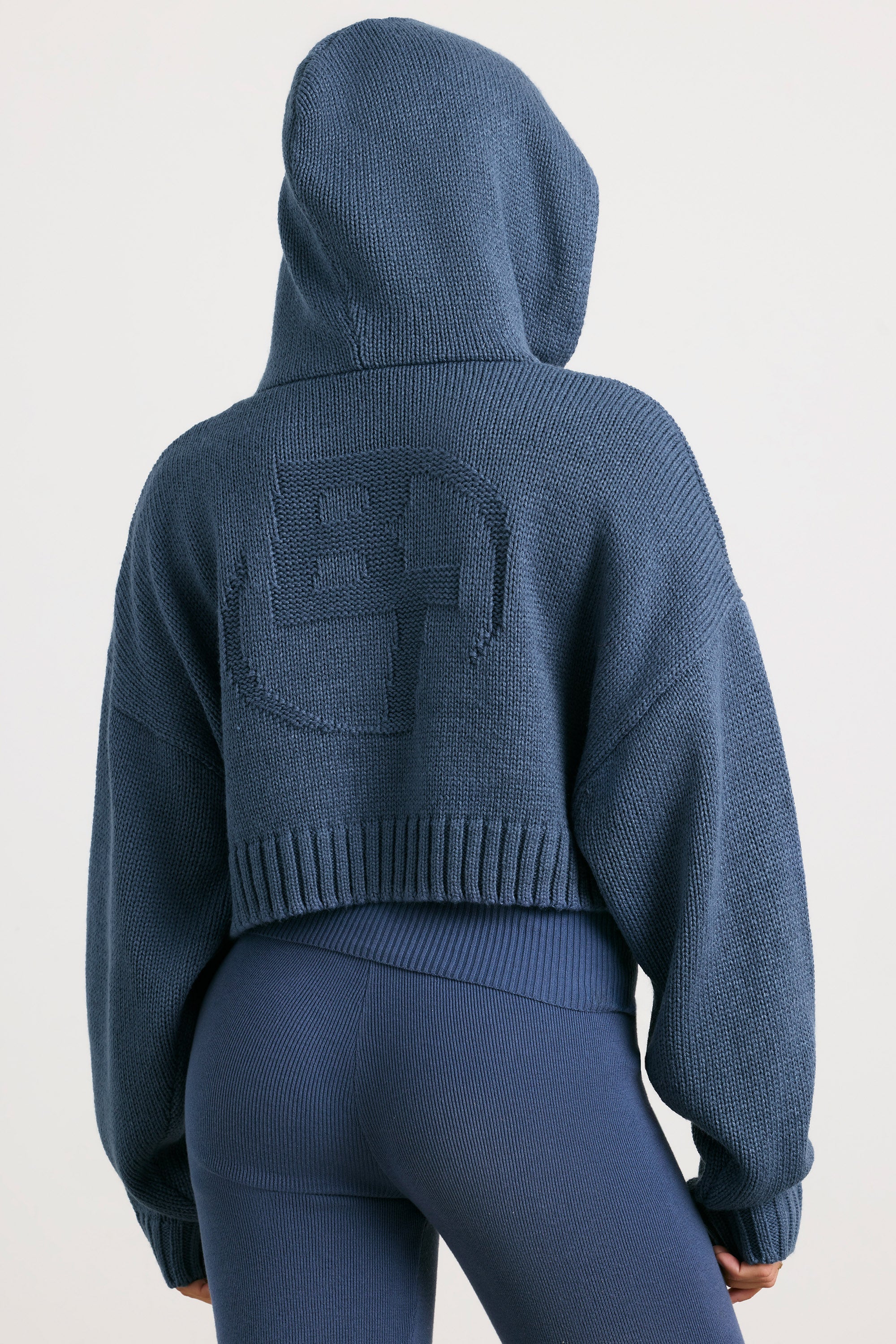 Chunky Knit Zip-Up Cropped Hoodie in Washed Navy