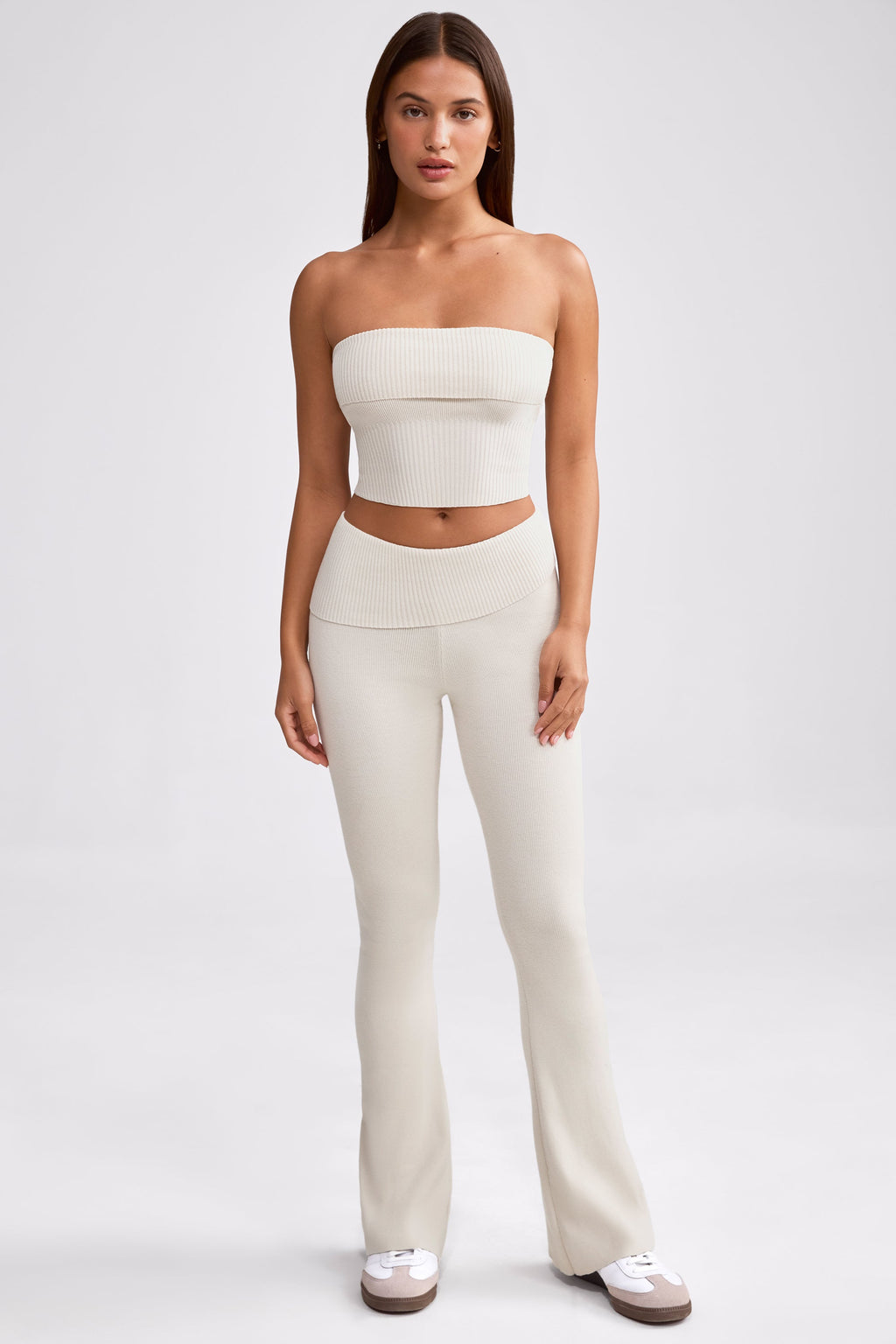 Chunky Knit Foldover Kick Flare Trousers in Cream