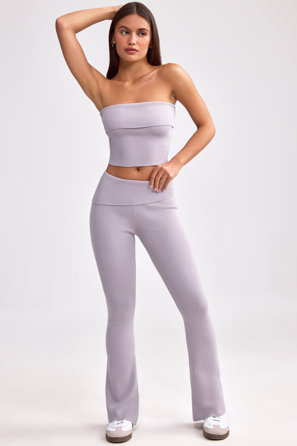 Chunky Knit Foldover Kick Flare Trousers in Dusty Lavender