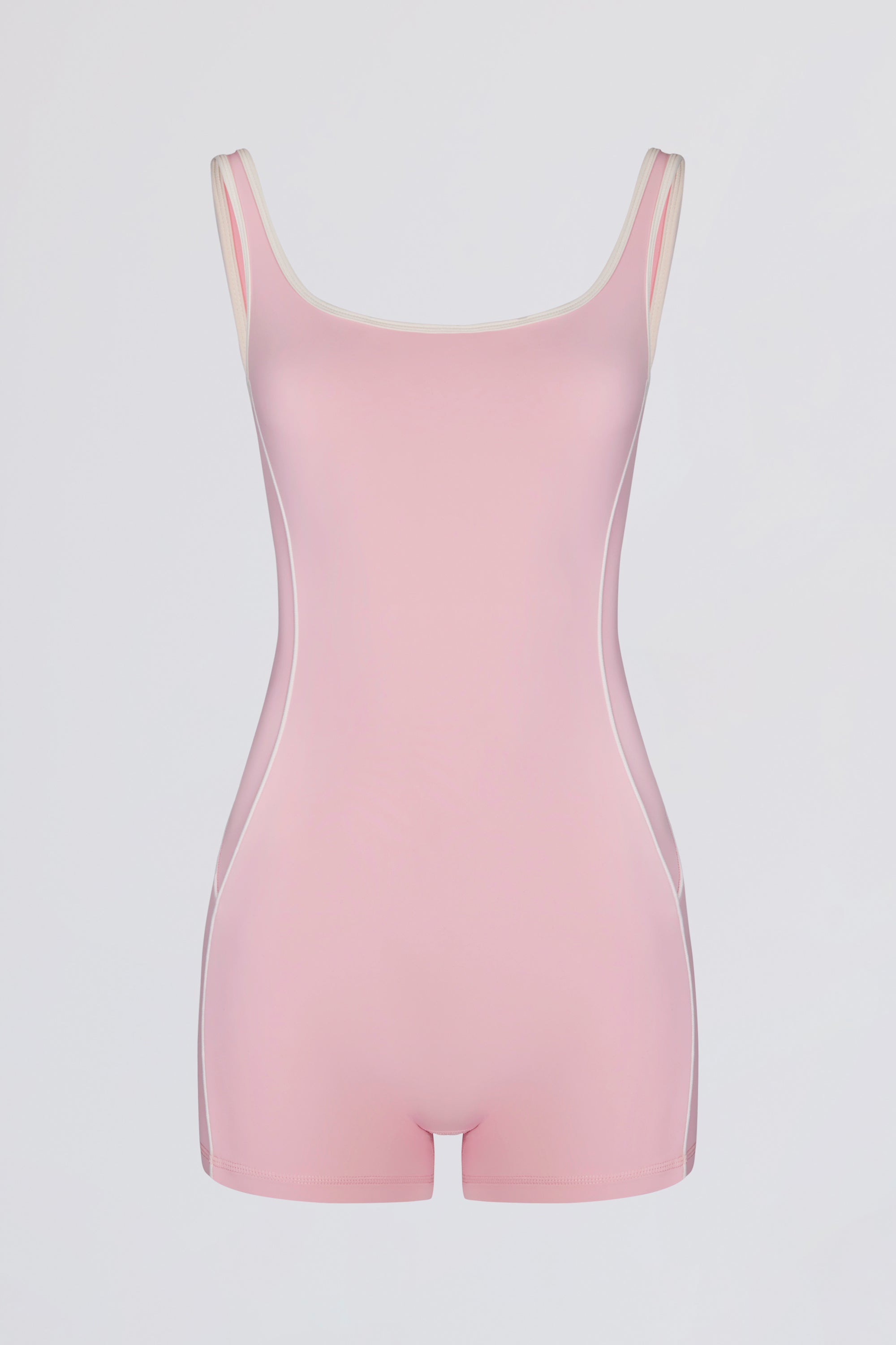 Soft Active Backless Contrast Unitard in Powder Pink