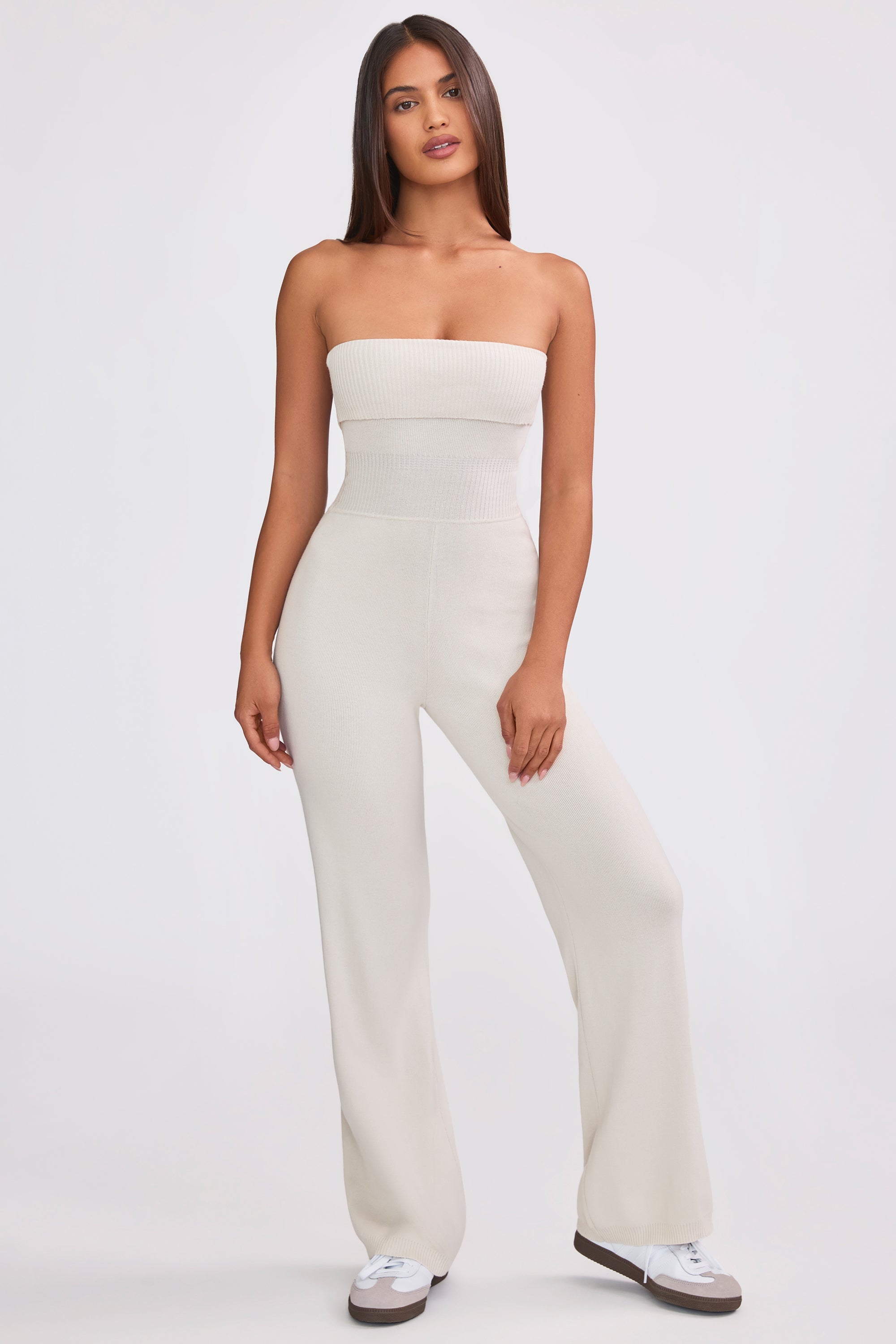 Chunky Knit Bandeau Kick Flare Jumpsuit in Cream