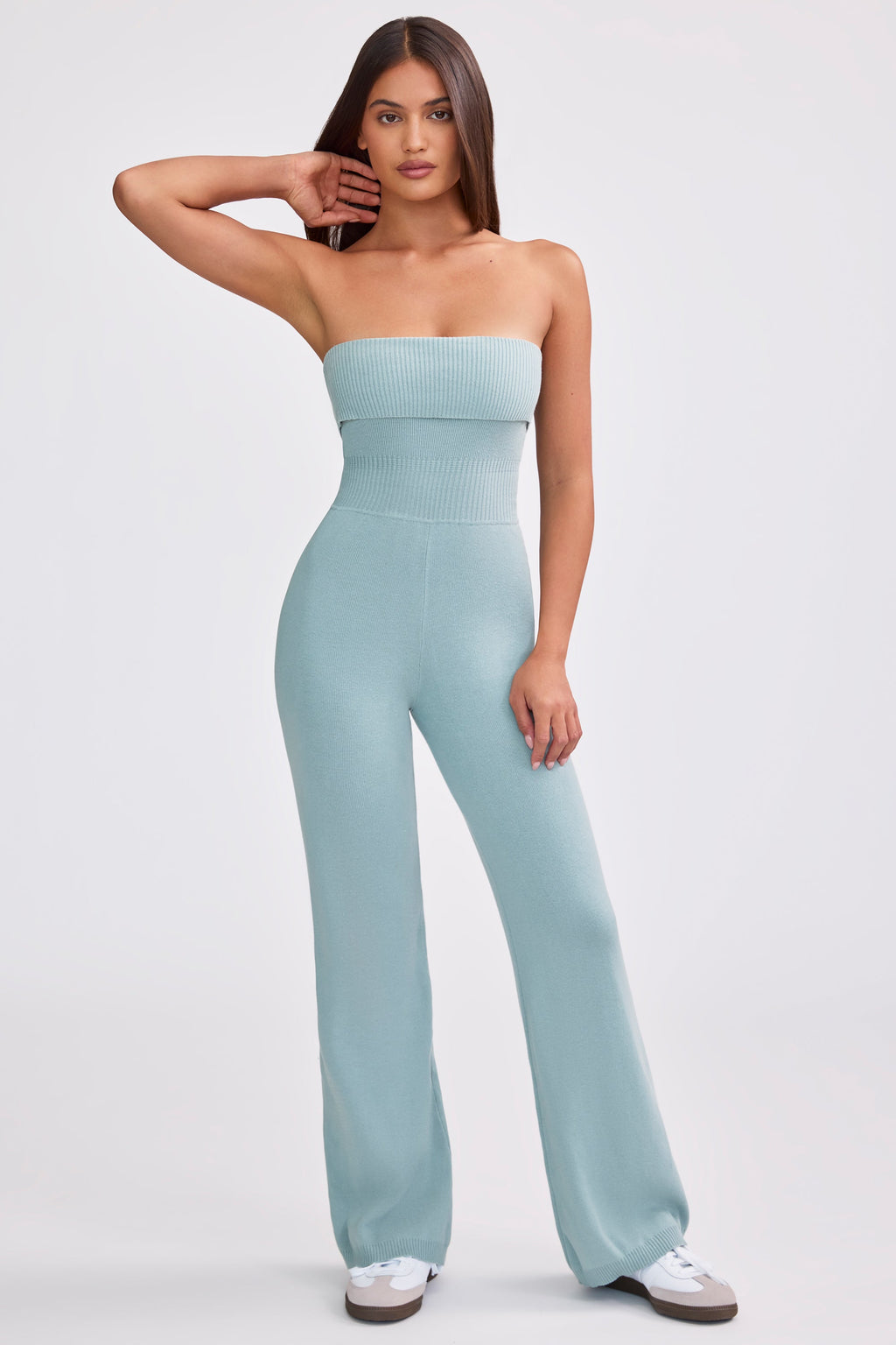 Chunky Knit Bandeau Kick Flare Jumpsuit in Dusty Teal