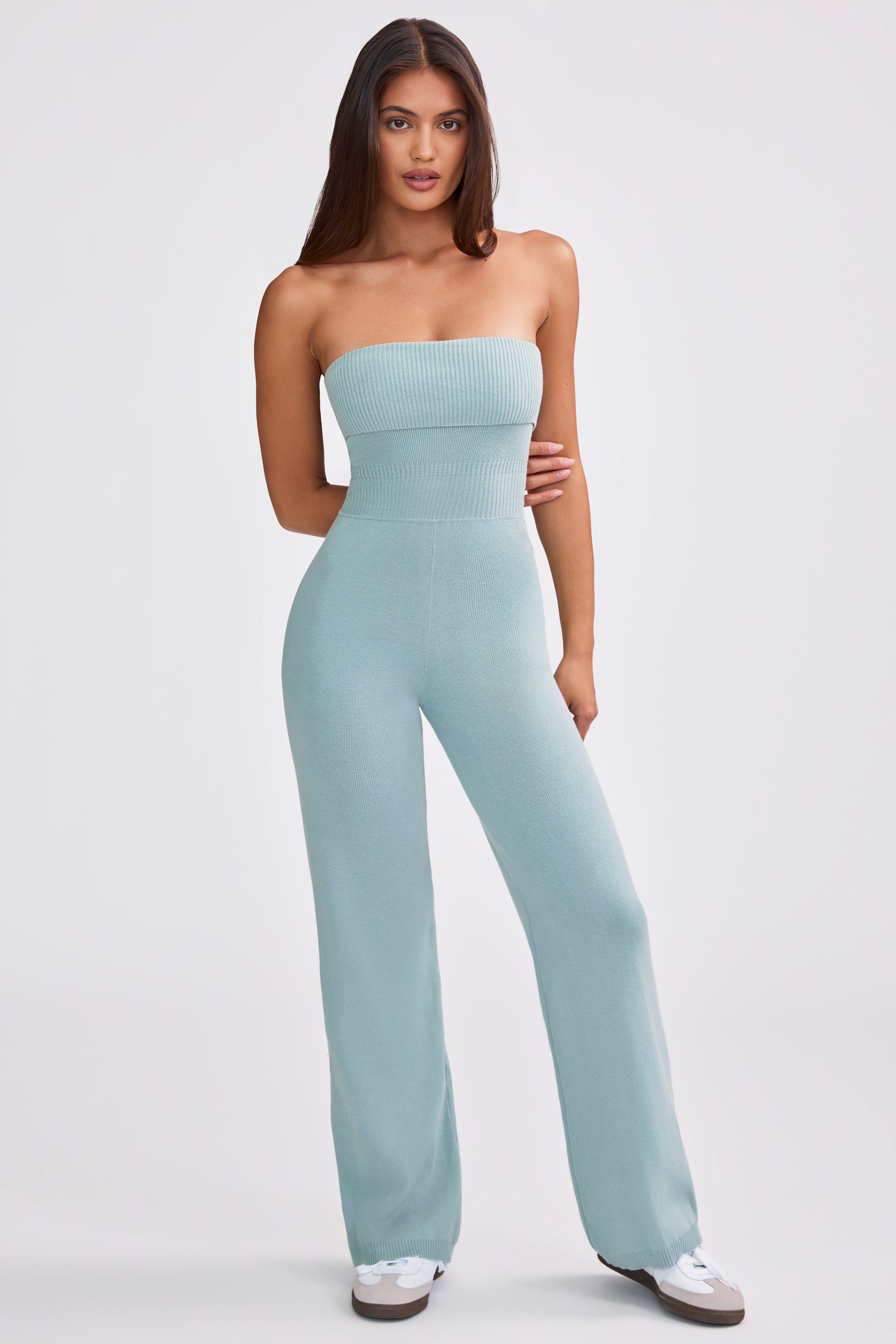 Chunky Knit Bandeau Kick Flare Jumpsuit in Dusty Teal
