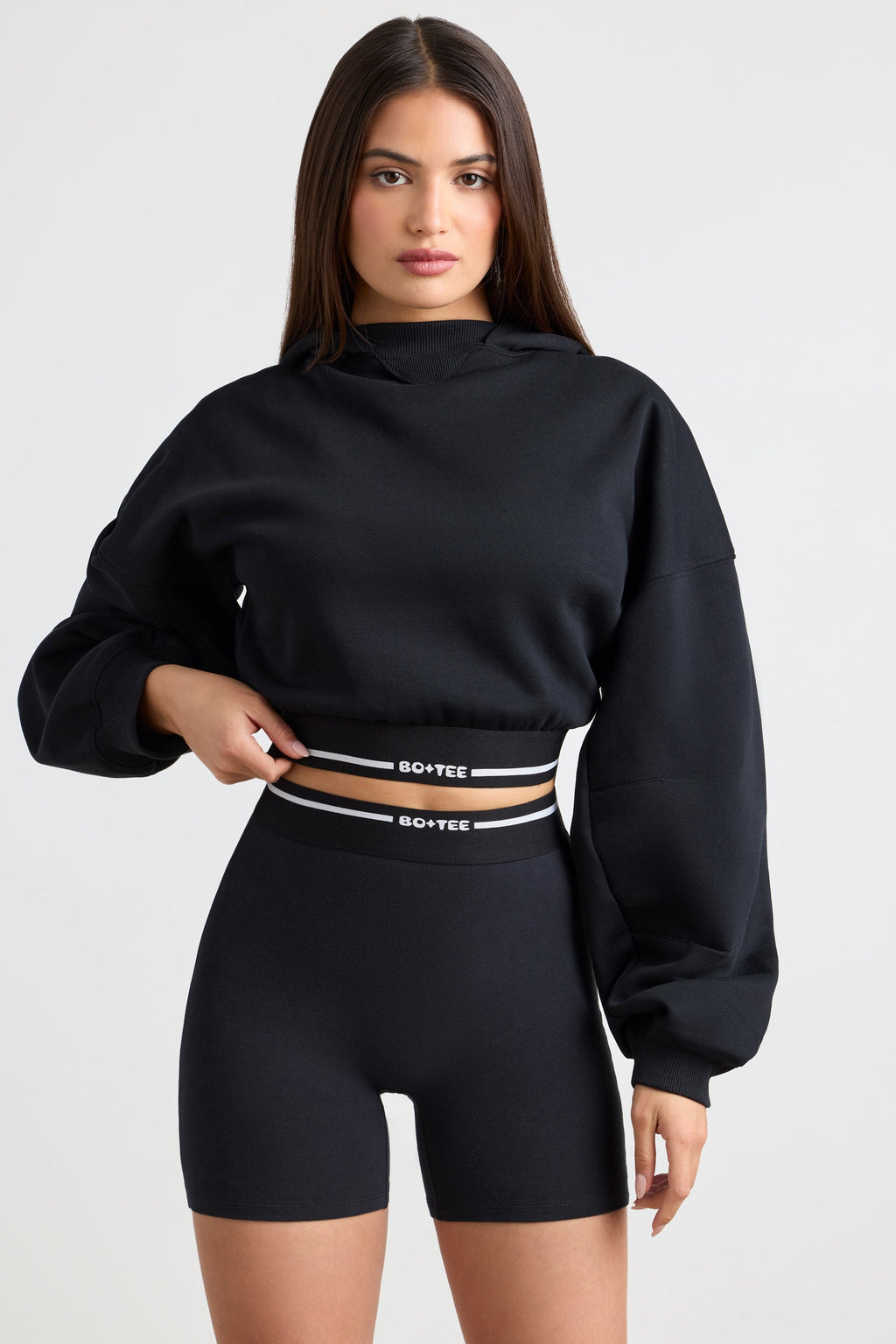Stretch Cotton Fleece Cropped Hoodie in Black