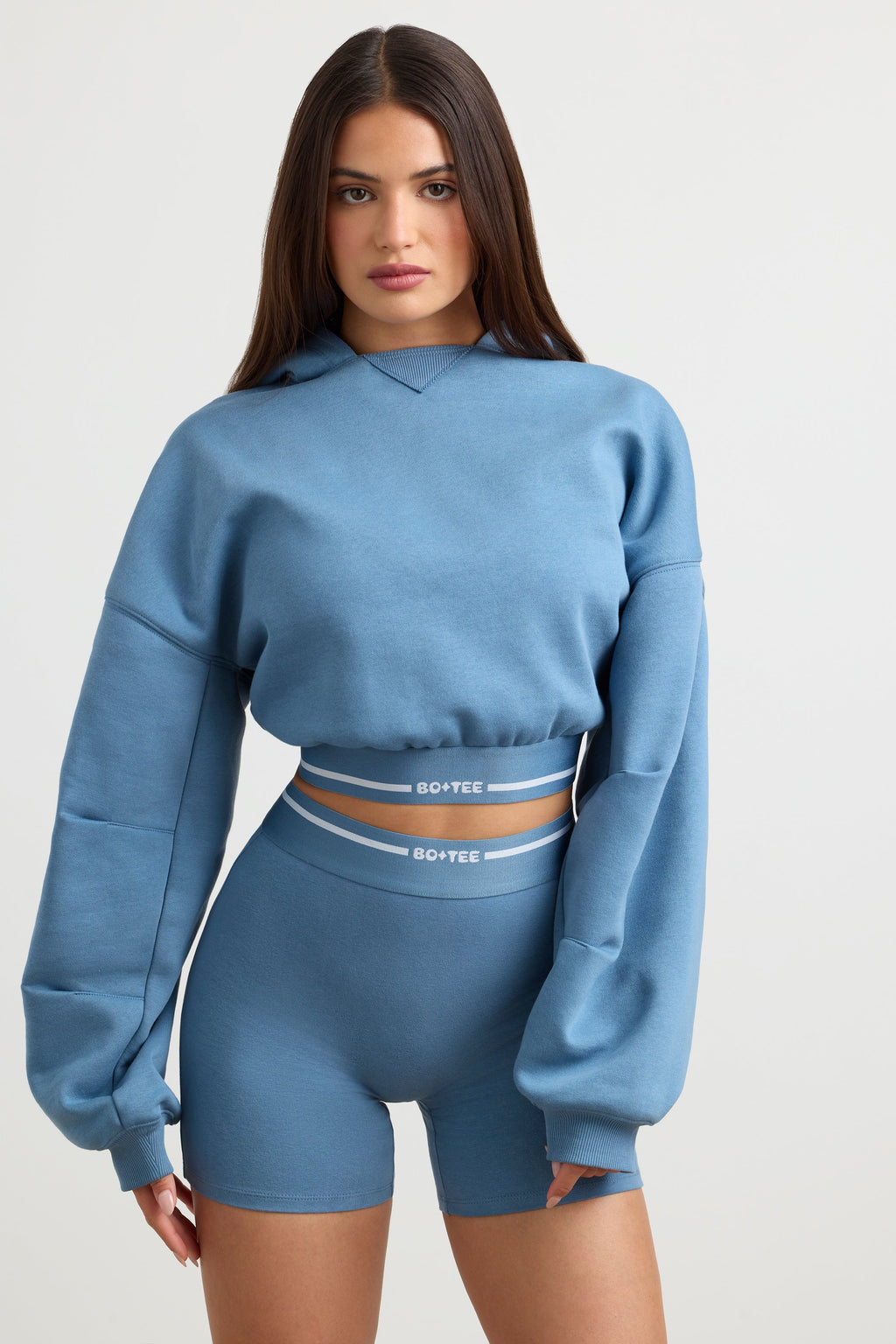 Stretch Cotton Fleece Cropped Hoodie in Steel Blue