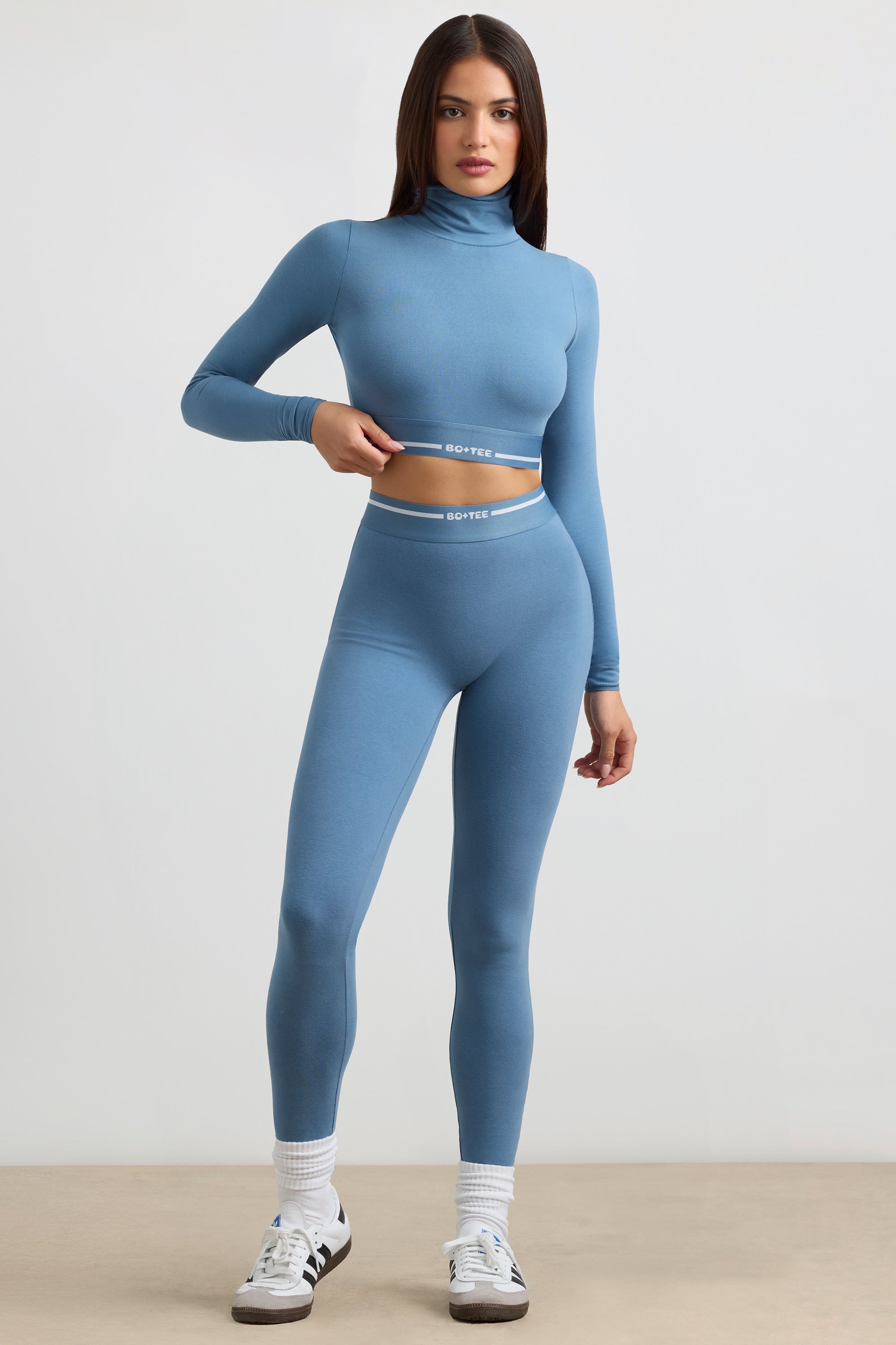 Backless Turtleneck Long-Sleeve Crop Top in Steel Blue