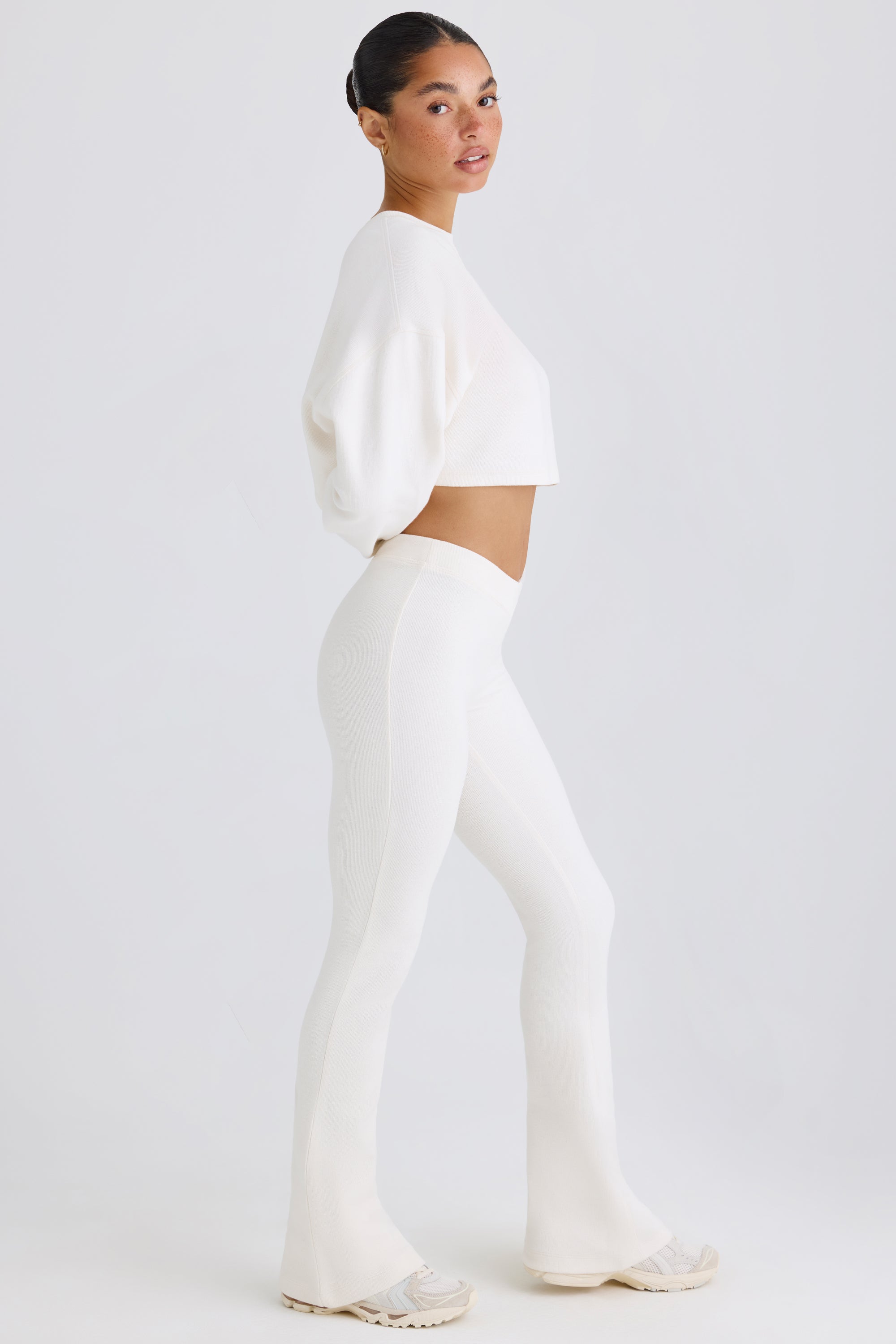 Textured Cotton Jersey Flared Trousers in White