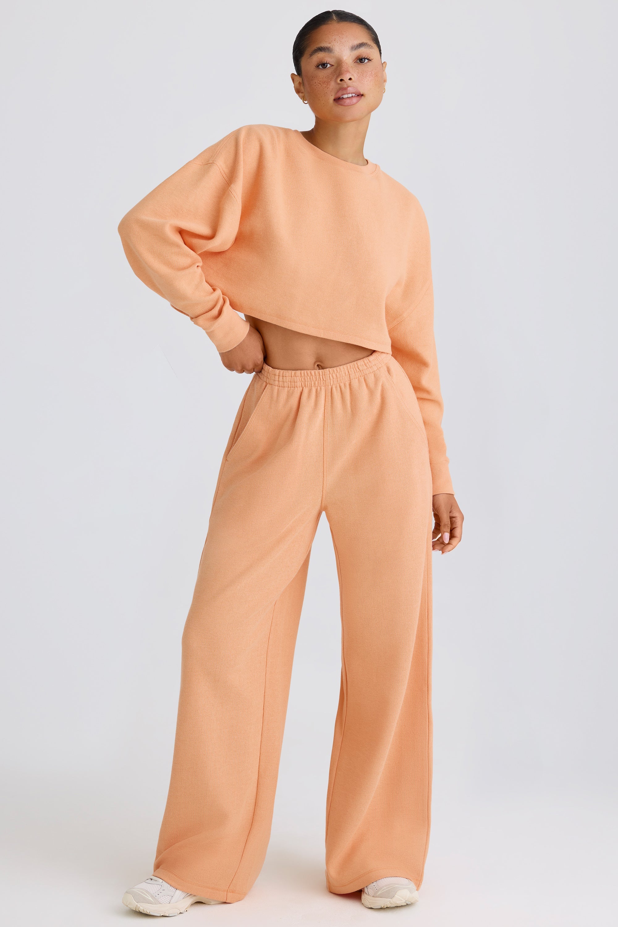 Textured Cotton Jersey Straight-Leg Joggers in Peach