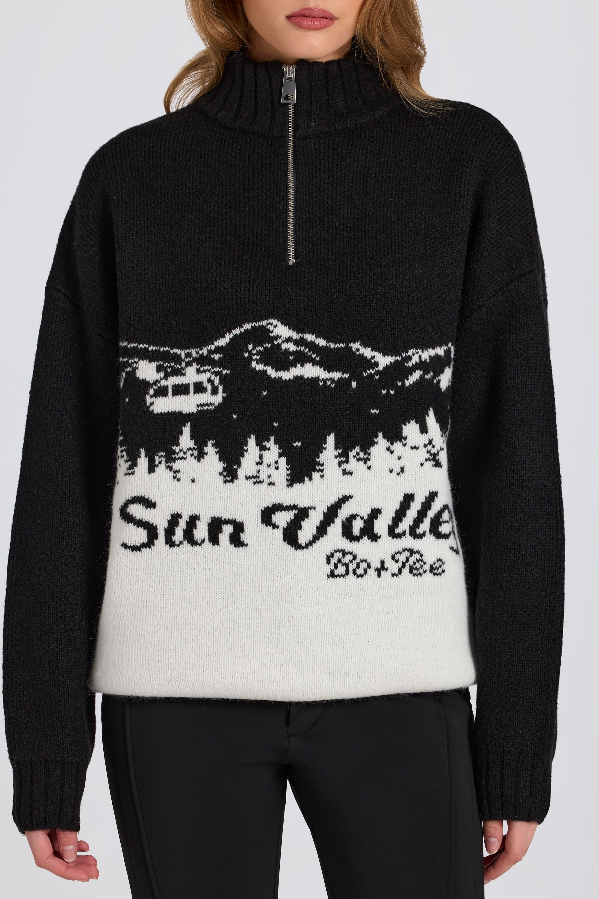 Knit Quarter-Zip Turtleneck Oversized Jumper in Black