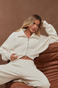 Ribbed Knit Zip-Up Cropped Sweatshirt in Ivory