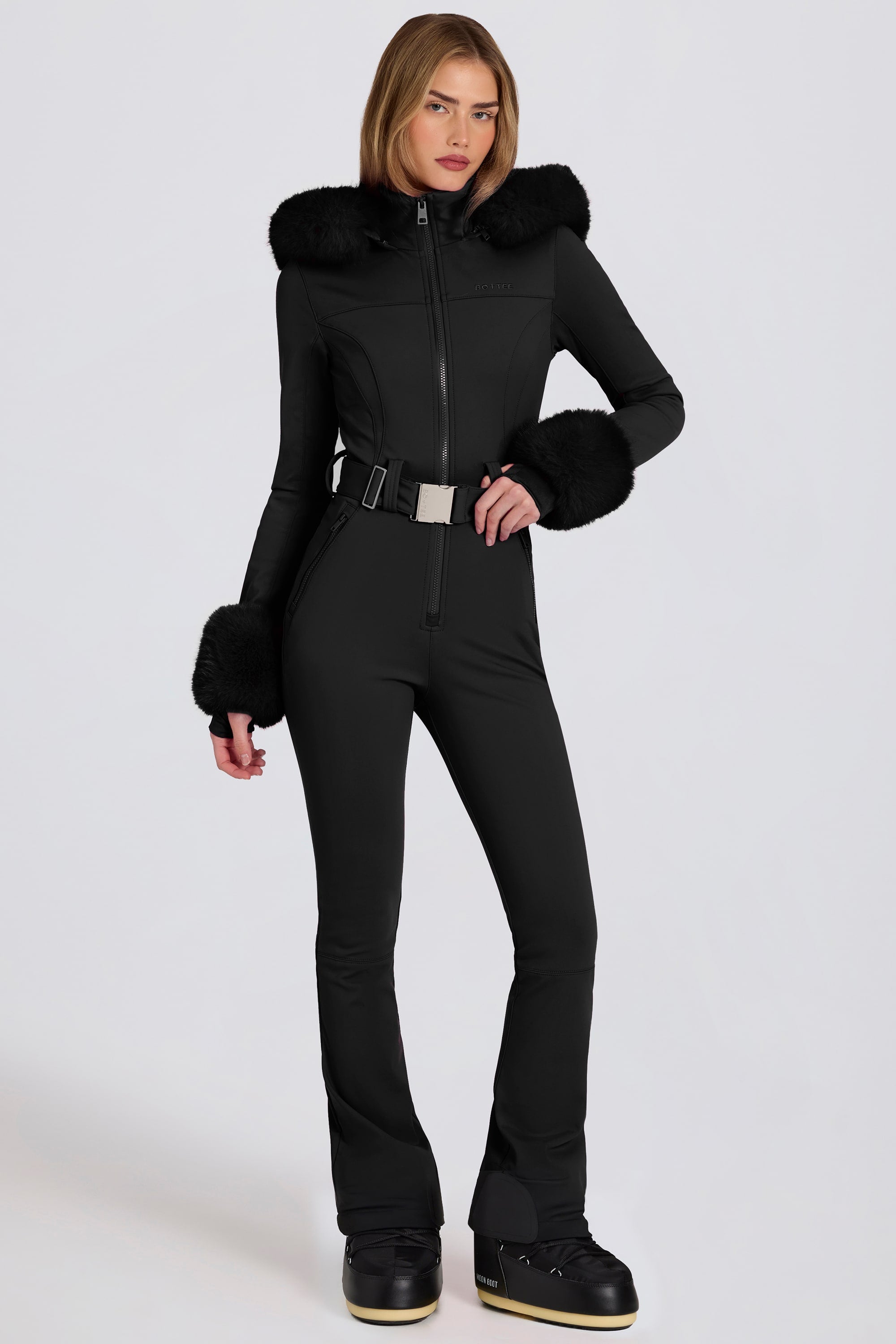 Waterproof Faux-Fur Hood Fitted Ski Suit in Black