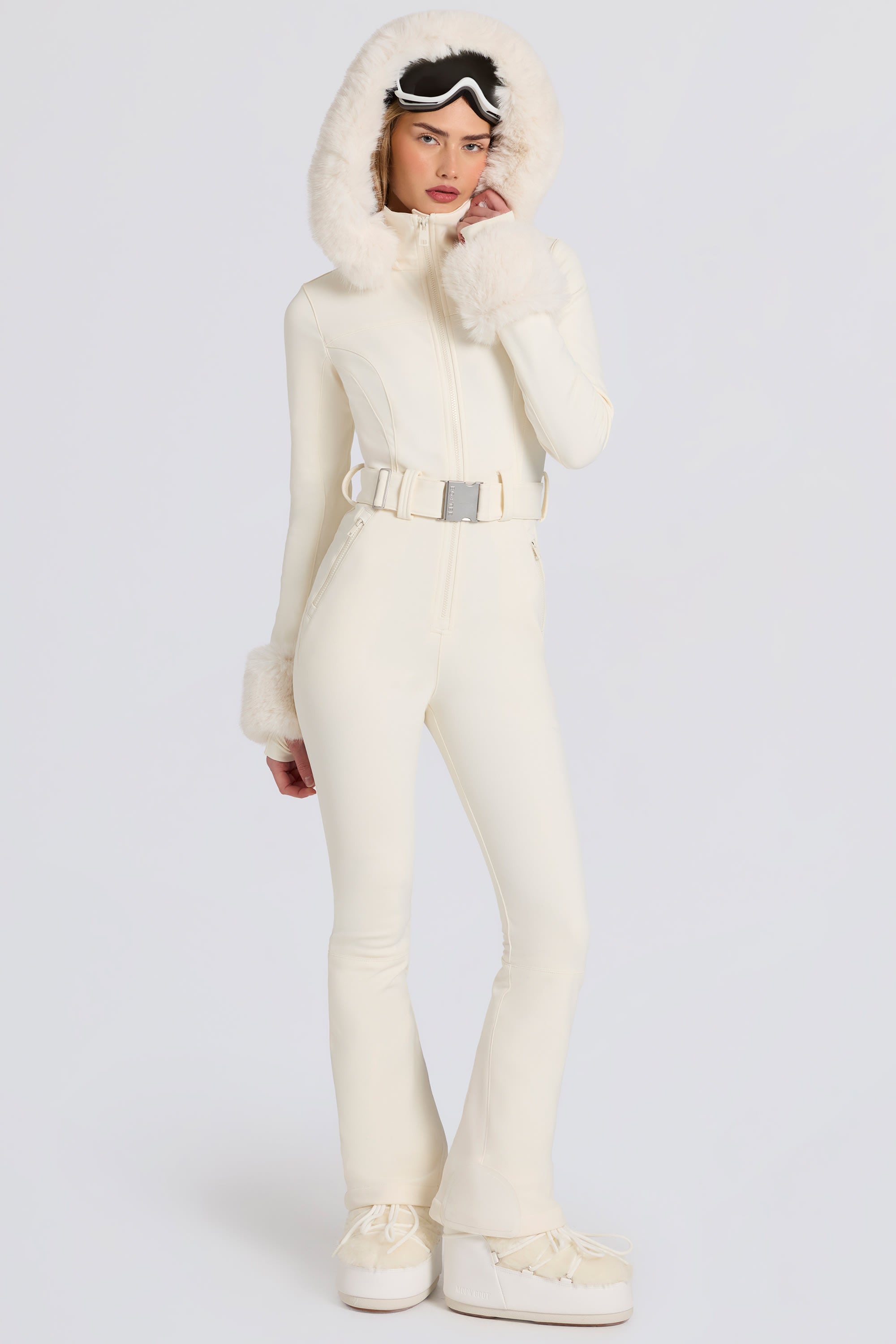 Waterproof Faux-Fur Hood Fitted Ski Suit in Ice