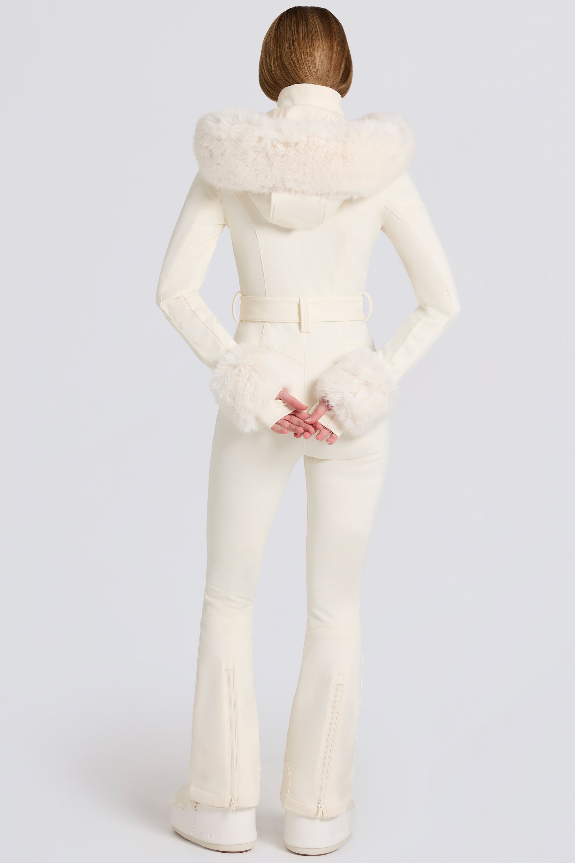 Waterproof Faux-Fur Hood Fitted Ski Suit in Ice