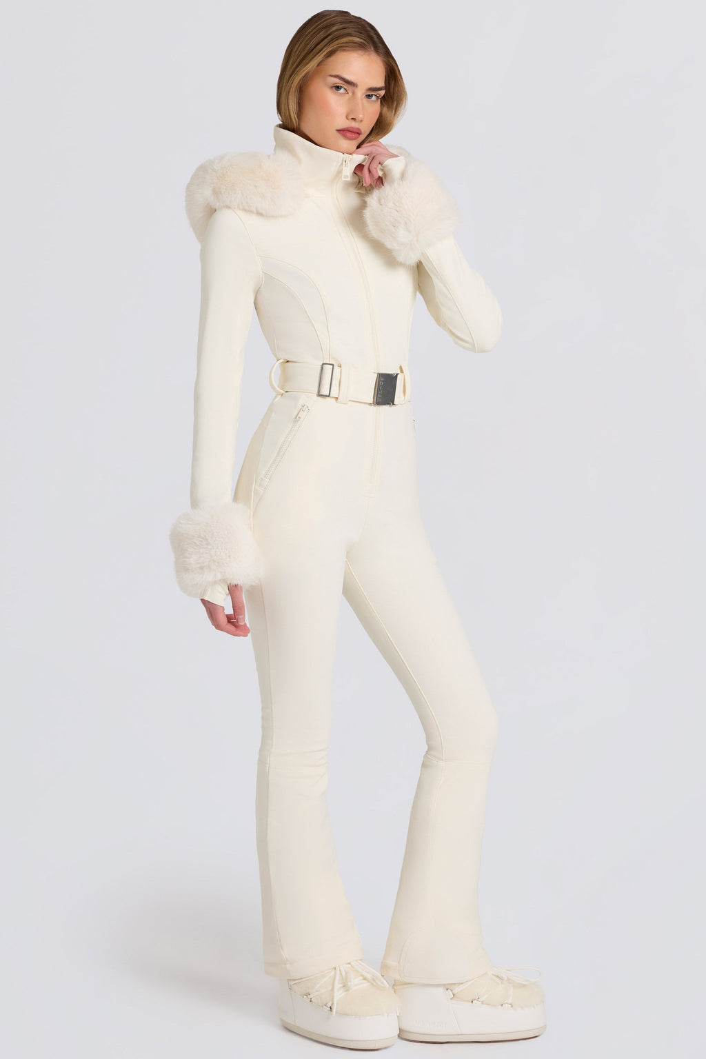 Waterproof Faux-Fur Hood Fitted Ski Suit in Ice