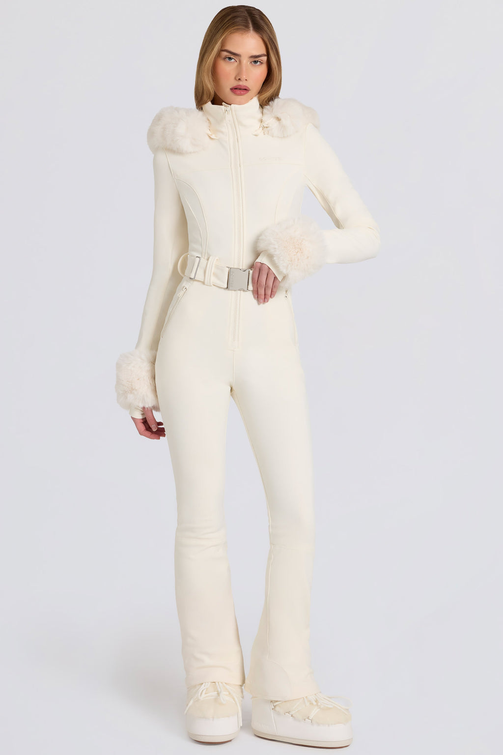 Waterproof Faux-Fur Hood Fitted Ski Suit in Ice